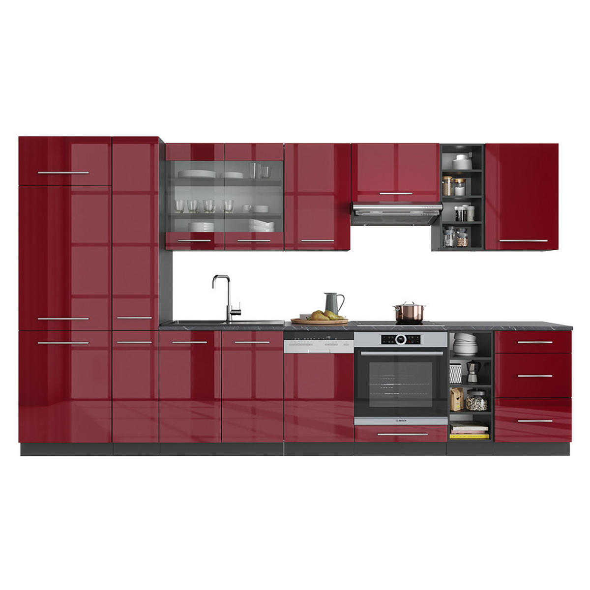 KÜCHENZEILE Fame-Line Bordeaux Hochglanz/Anthrazit 355 cm ohne AP - Bordeaux/Anthrazit, Holzwerkstoff (355/81.6/46cm) - Vicco