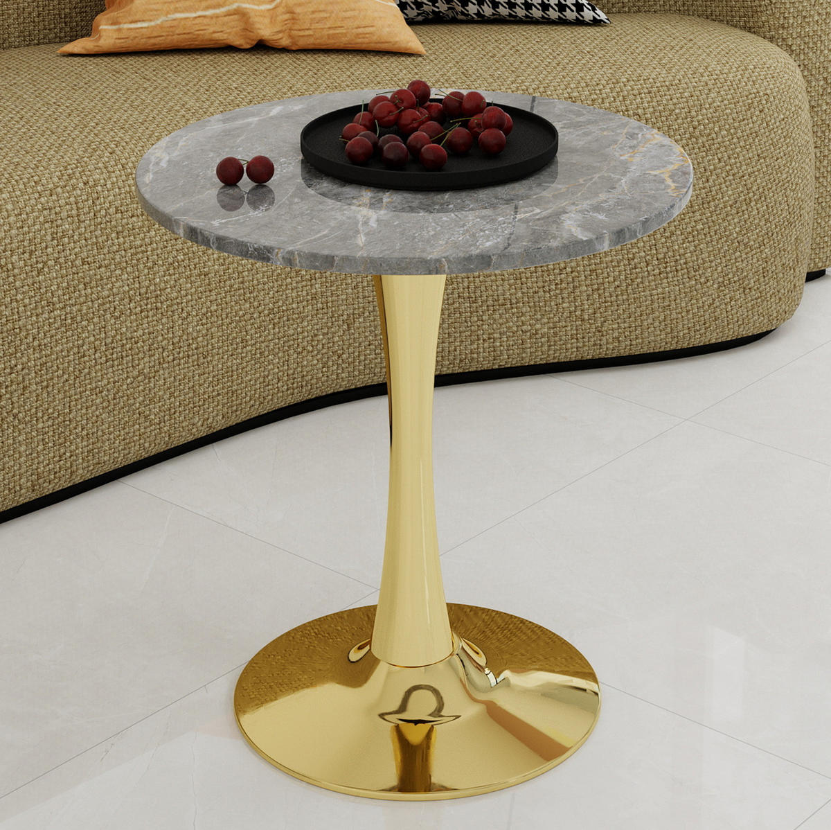 COUCHTISCH 70/70/72 cm als Beistell- und Kaffeetisch mit runder Tischplatte in Marmoroptik, Goldfarben - Goldfarben, Stein (70/70/72cm) - Redom