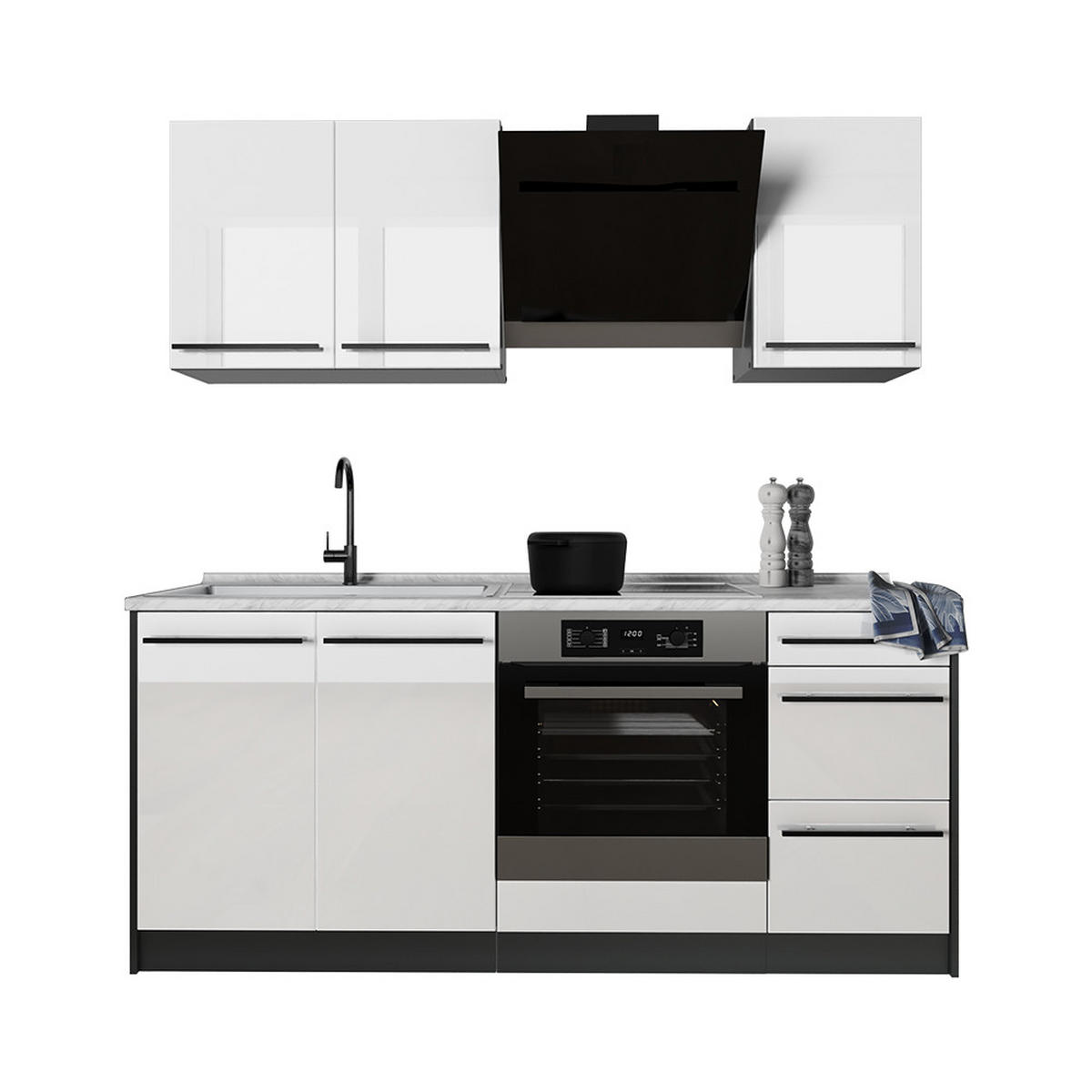 SINGLEKÜCHE R-Line, Weiß Hochglanz/Anthrazit, 180 cm ohne Arbeitsplatte - Weiß Hochglanz/Anthrazit, Holzwerkstoff (180/206.8/46cm) - Vicco