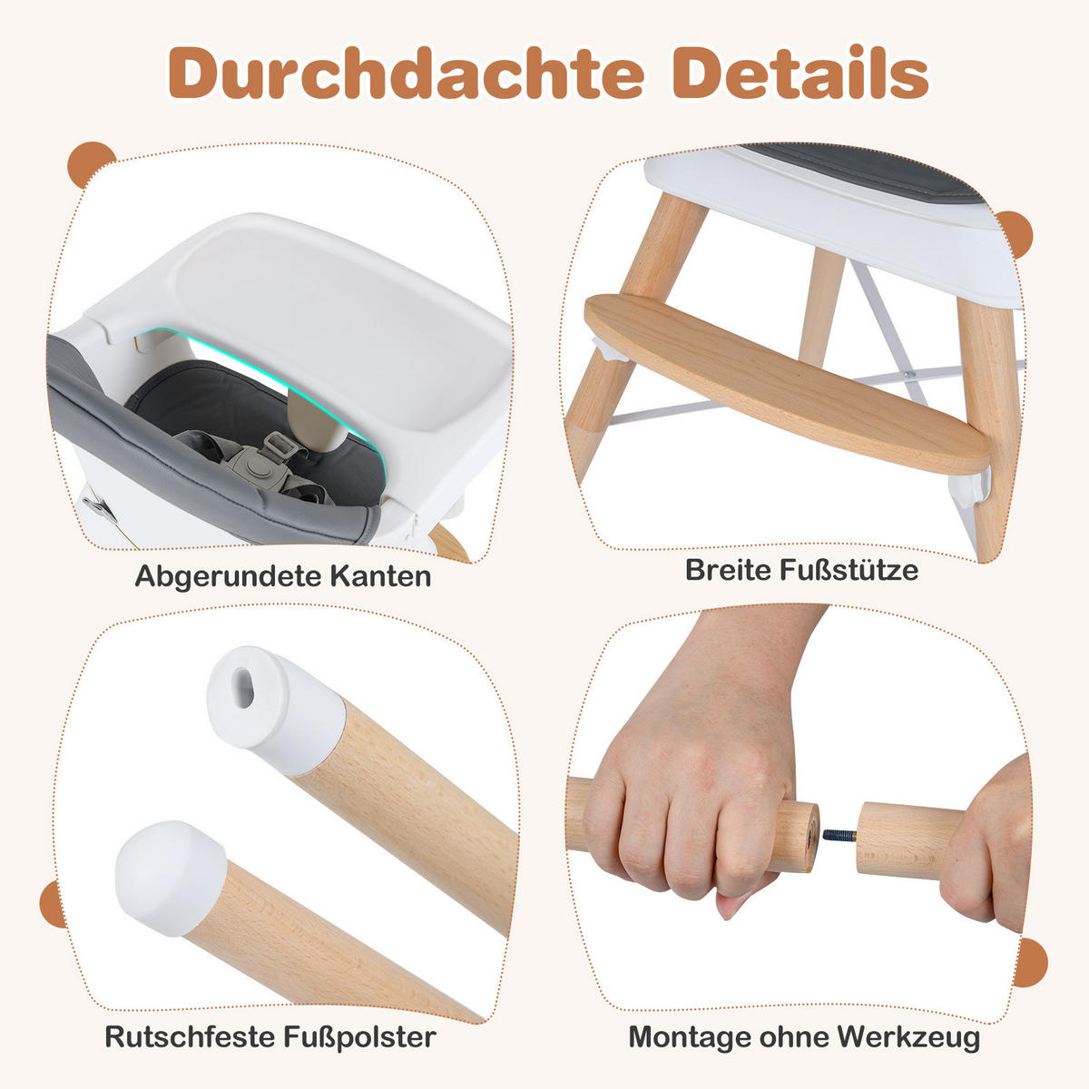 KINDERHOCHSTUHL mit PU-Kissen grau - Grau, Kunststoff (61/91.5/61cm) - COSTWAY
