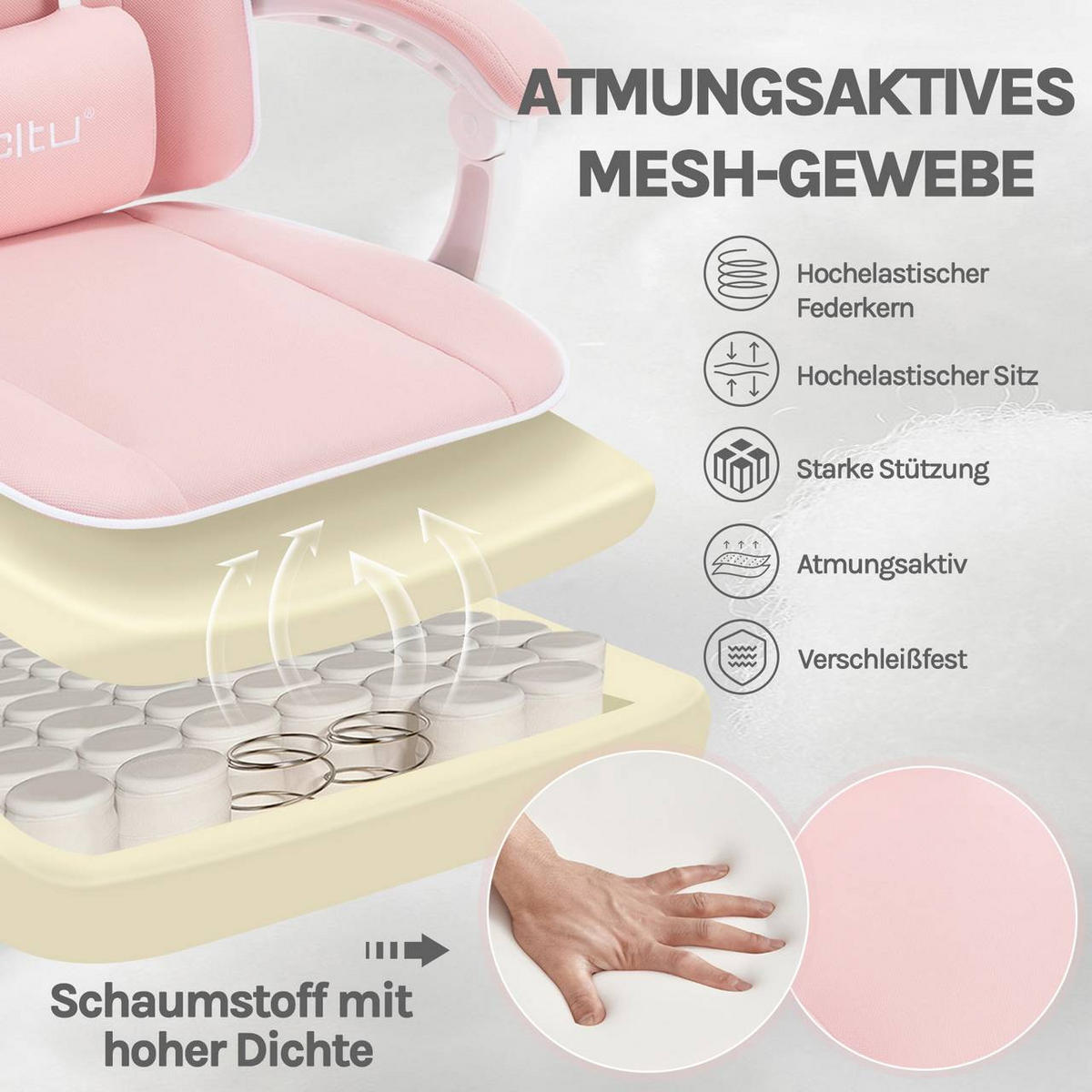 GAMINGSTUHL mit Taschenfederkissen, Netzstoff, Rosa - Weiß/Rosa, Textil/Metall (70/125.5/70cm) - Woltu