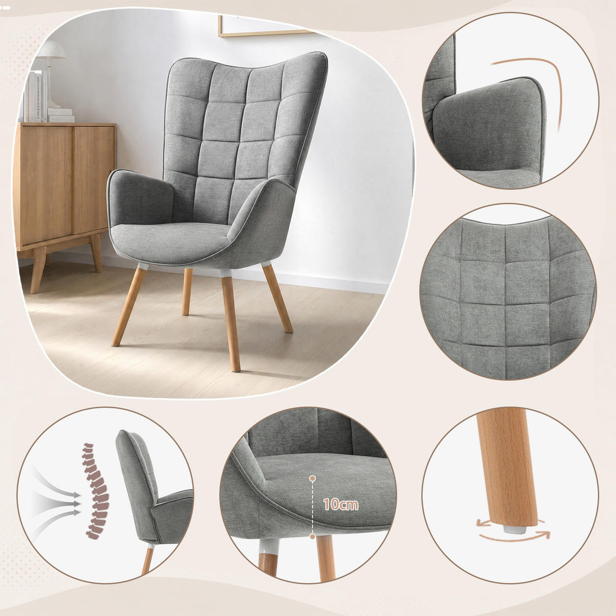 RELAXSESSEL aus Stoff im skandinavischen Stil, gepolsterte Sitzfläche mit Armlehnen, massive Buchenholzbeine in Grau - Grau, Holz/Textil (64/106/50cm) - Meubles Cosy