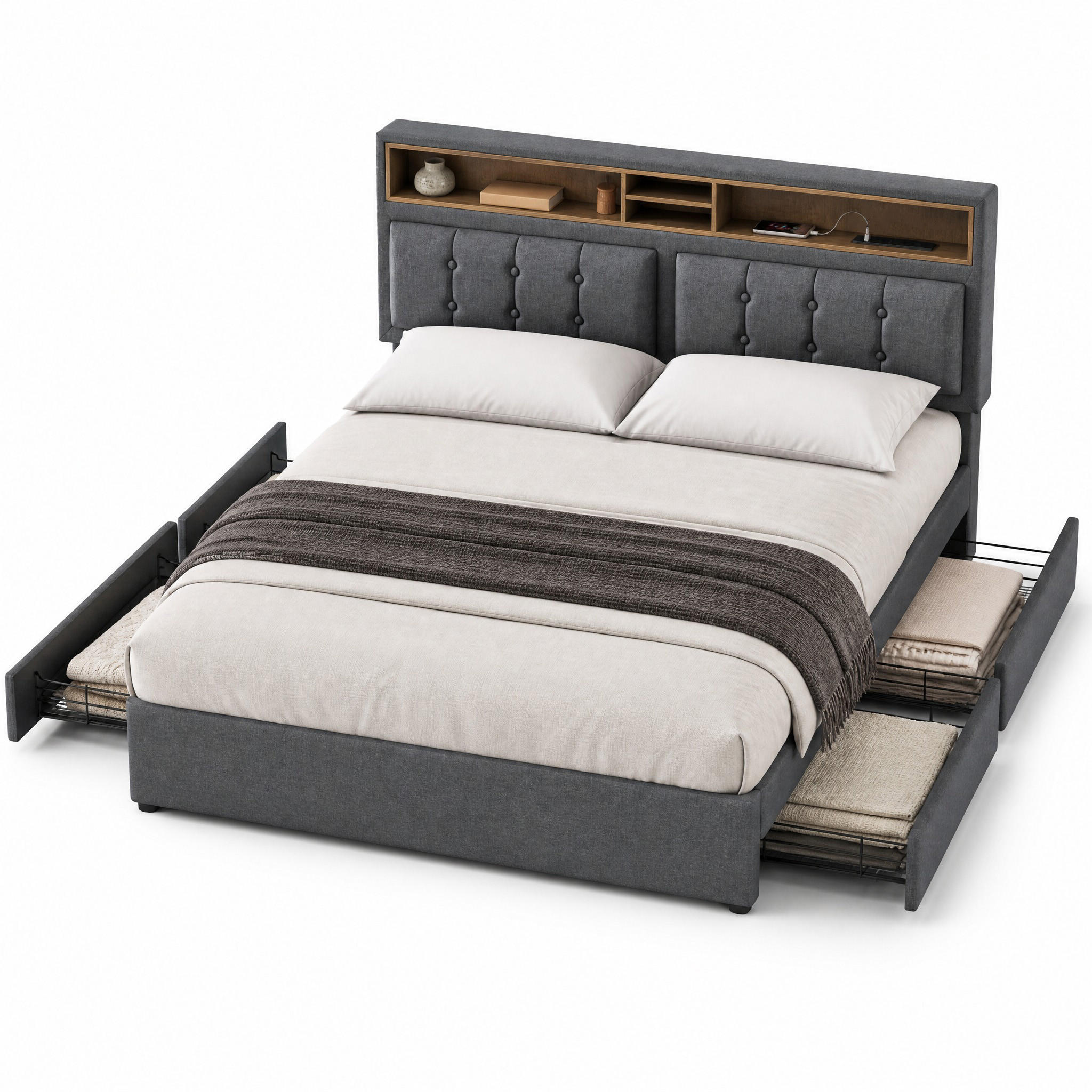 POLSTERBETT 140/200 cm in Grau Leinen mit 4 Schubladen, USB, Type-C und verstellbarem Kopfteil - Grau, Holzwerkstoff/Textil (140/200cm) - STILVORA