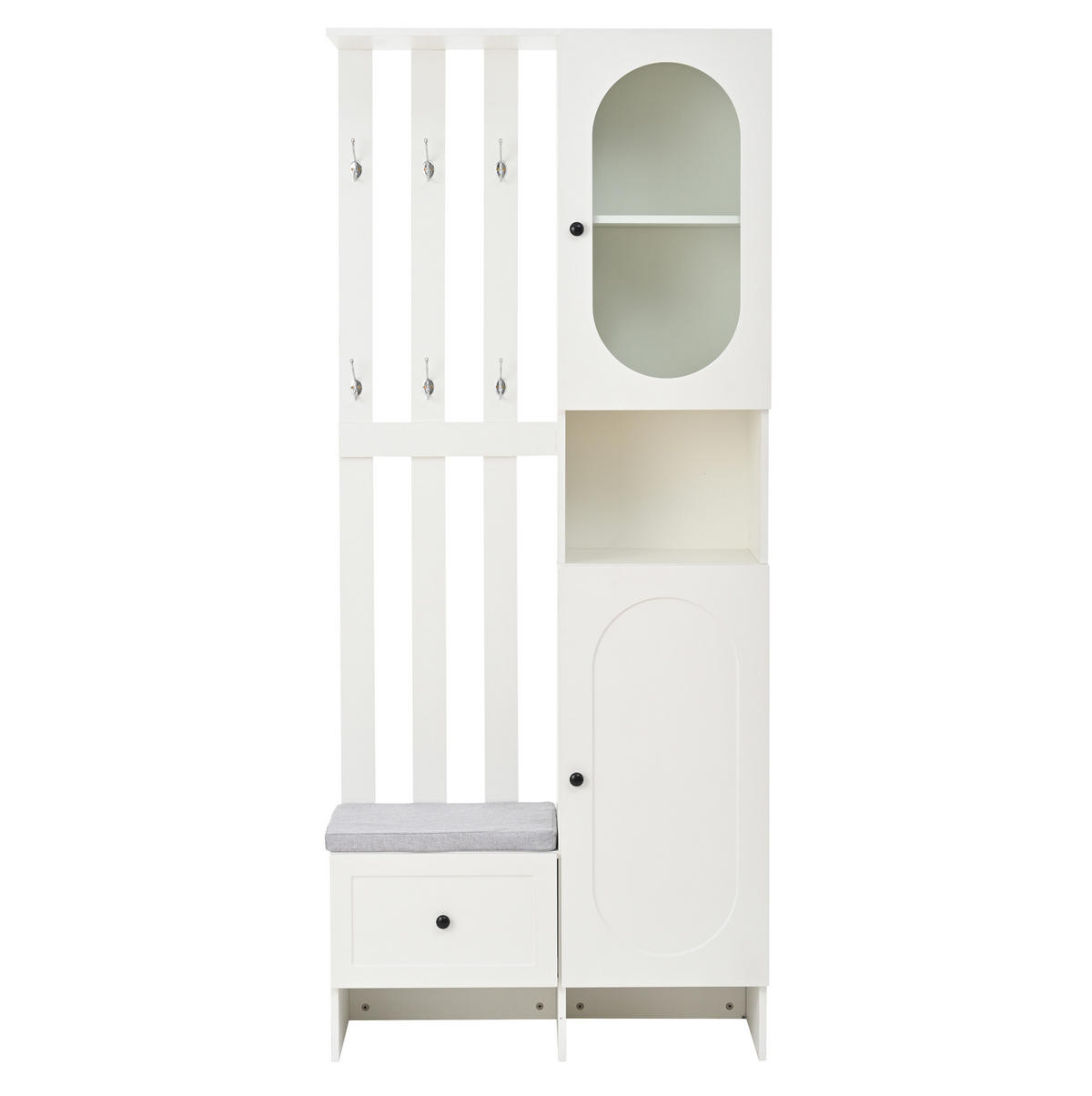DIELENGARDEROBE 85/33,5/200 cm in Weiß mit 6 Haken und Schuhbank - Weiß, Holzwerkstoff (33.5/200/85cm) - BEAOK
