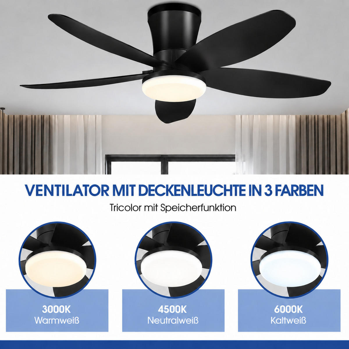 DECKENVENTILATOR Schwarz 91,4 cm mit LED und leisem DC-Motor - Schwarz, Kunststoff (91.4/91.4/21.8cm) - Surtime