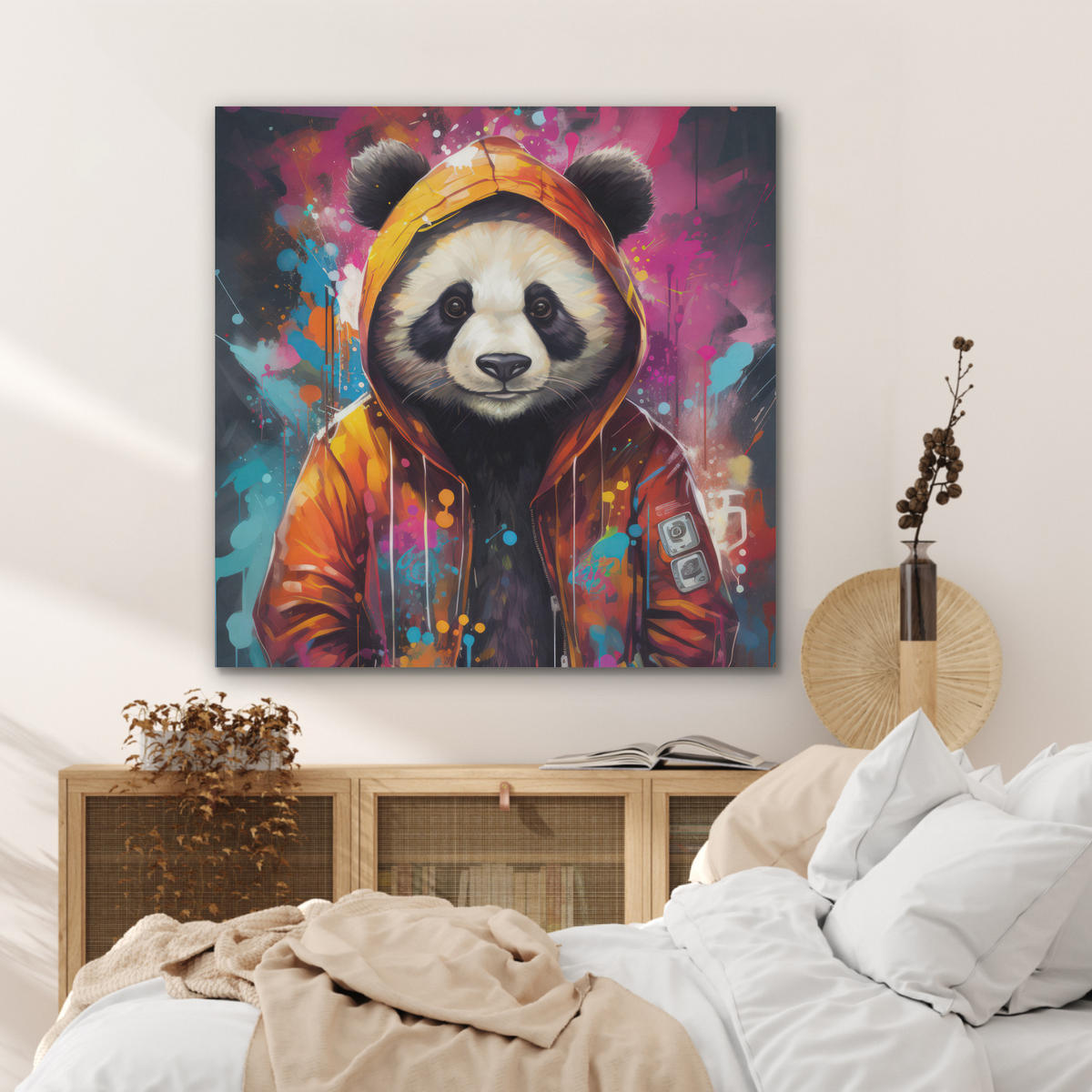 AKUSTIKPANEEL Panda - Jacke - Graffiti - Orange 90x90 cm - Orange, Textil (90/0.9/90cm) - MuchoWow