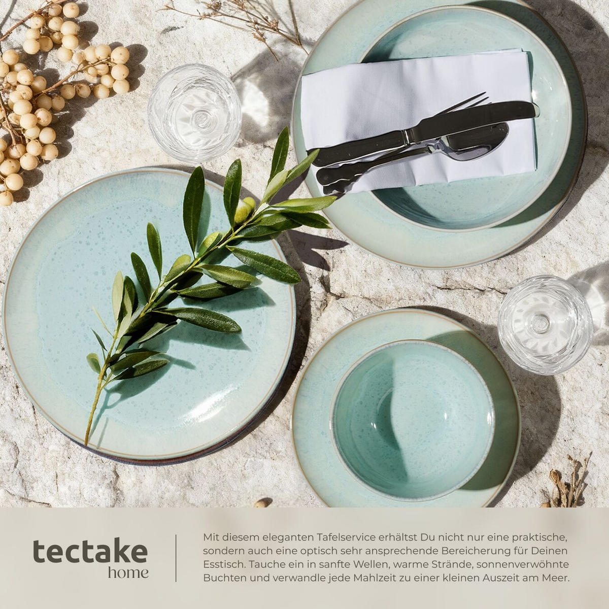 TAFELSERVICE Mare, ineinander stapelbar, Mint - Mintgrün, Keramik (26.5/2.5/26.5cm) - tectake