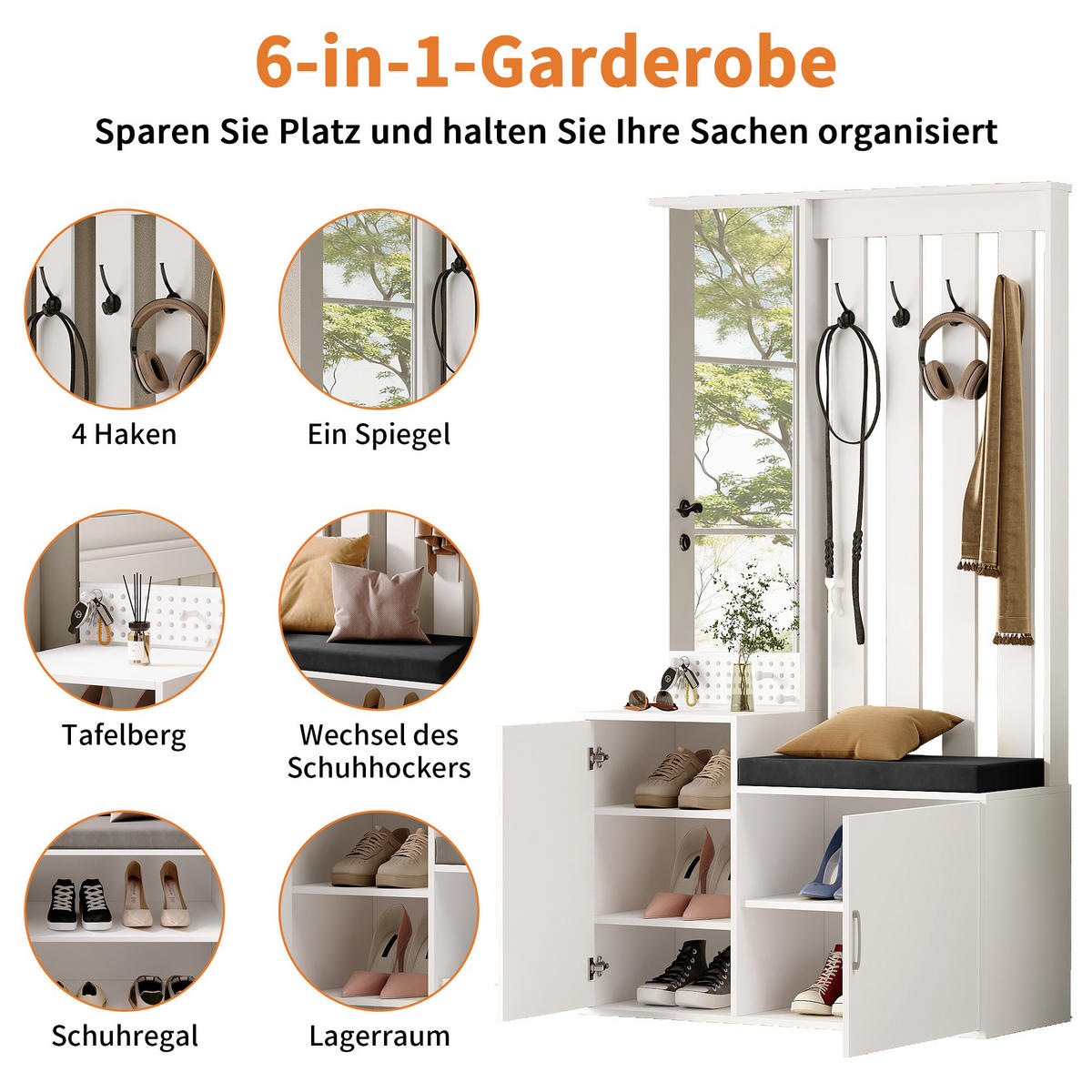 GARDEROBENSET mit Schuhbank, Wandgarderobe, Ganzkörperspiegel, Schubladen, Haken und Sitzkissen - Weiß, Holz (40/180/100cm) - PARAFTA HOME