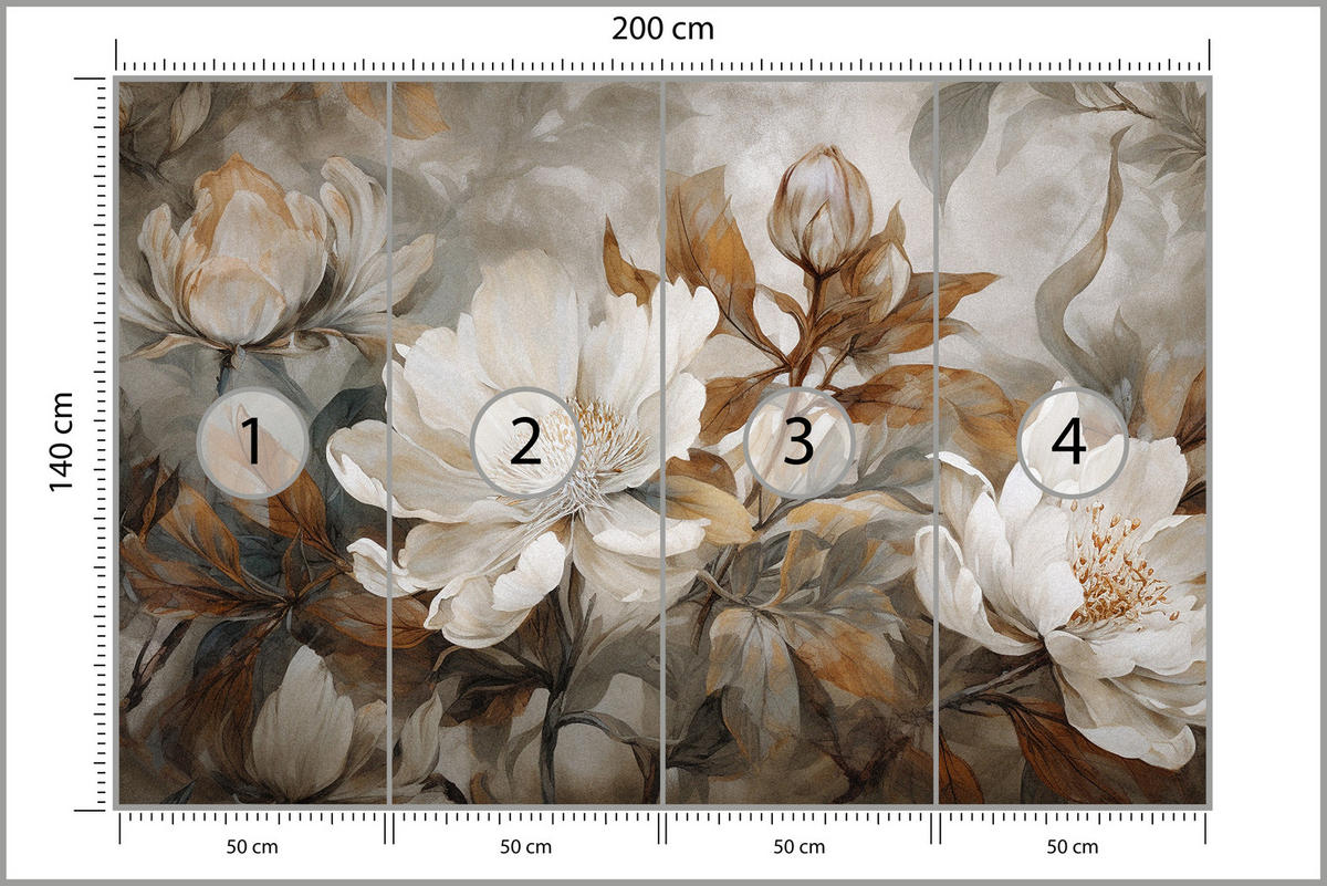 FOTOTAPETE für Wohnzimmer Blätter Abstrakte Blüten Pflanzen Retro 200x140 - Grau, Papier (200/140cm) - Muralo