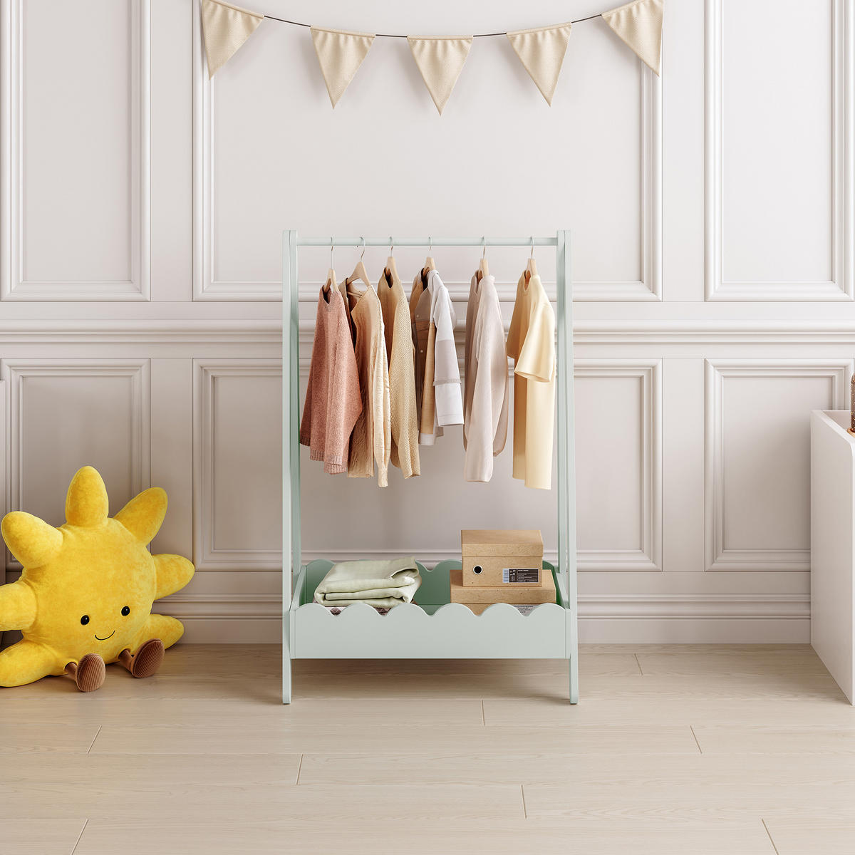 DĚTSKÝ VĚŠÁK NA OBLEČENÍ Vestnes II. - mátově zelená, kompozitní dřevo (66/99/38cm) - [en.casa]