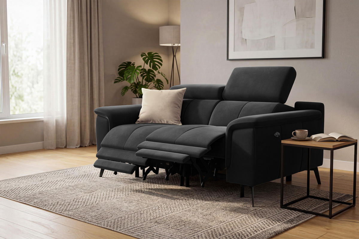 SOFA RELAX FIERO 2-Sitzer, Schwarzer Veloursstoff - Schwarz, Holz/Textil (170/82/103cm) - Courtois Laville