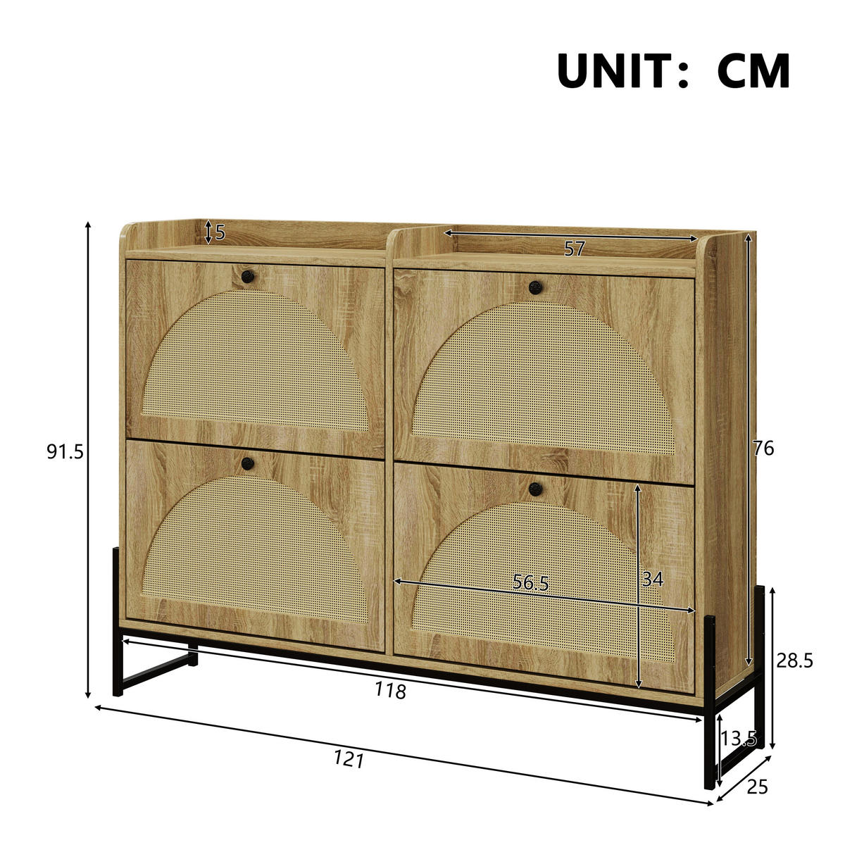 SCHMALER Schuhschrank mit 4 Klapptüren, Holz, Beige - Naturfarben, Textil (118/91.5/25cm) - Urban Meuble