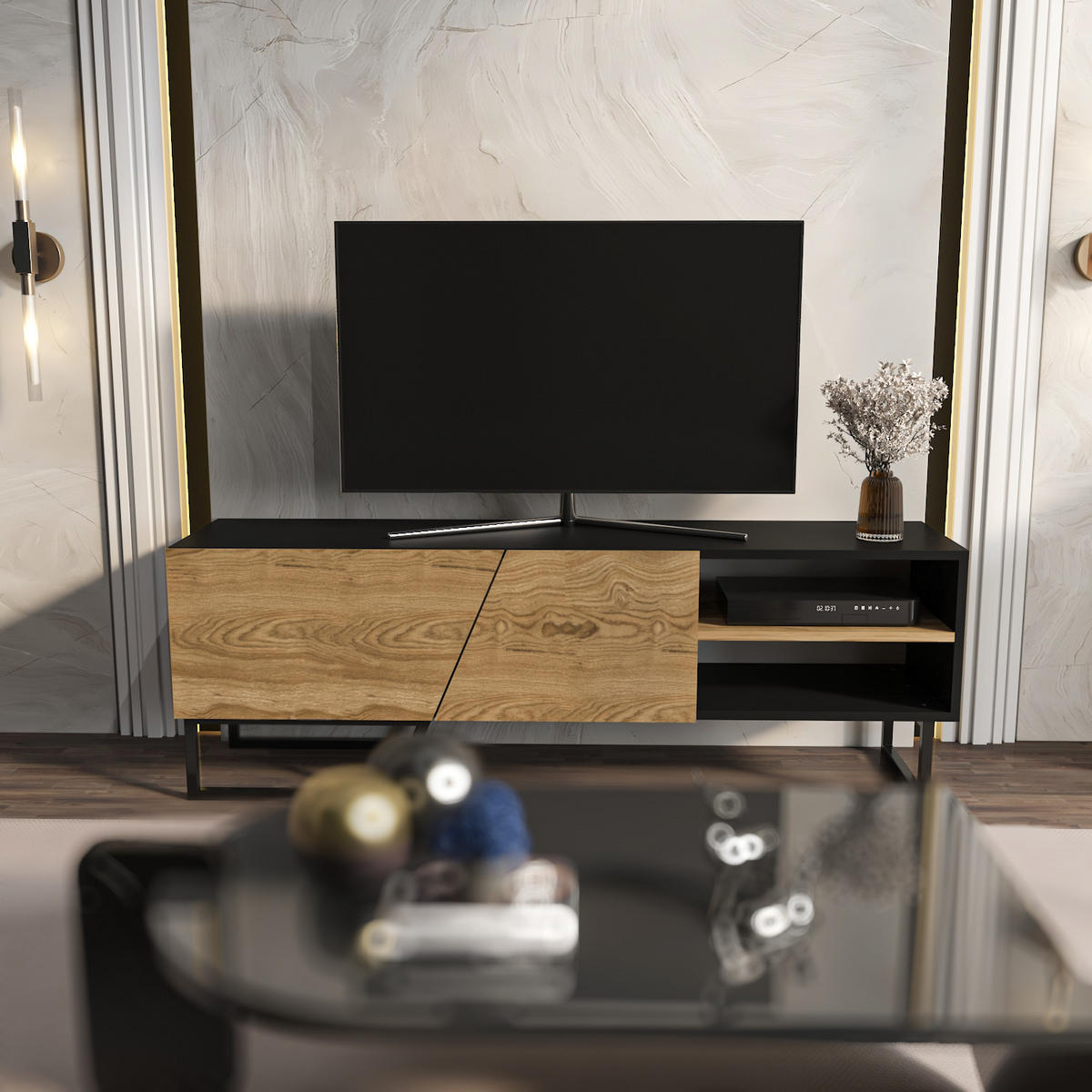 TV-ELEMENT Denasse Schwarz Braun - Eichefarben/Schwarz, Holzwerkstoff (150/50.5/35cm) - Decorotika