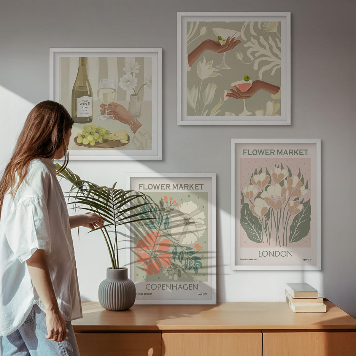 BILDER SET 4er Set - 50x50 cm & 40x60 cm Weißer Rahmen - Blumenposter Weinstadt - Weiß, Kunststoff (50/50cm) - TULUP