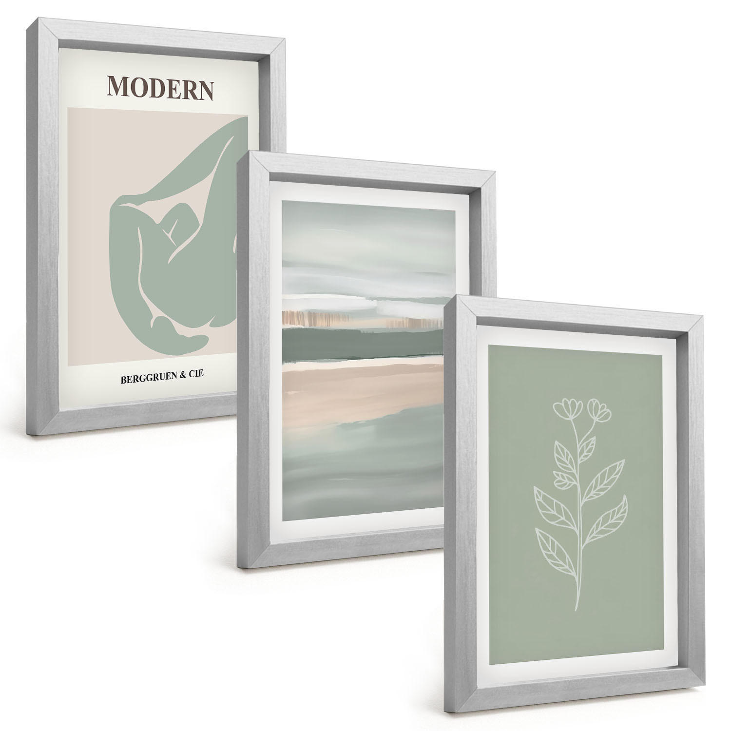 BILDER SET 3er Set - 20x30 cm Silberner Rahmen - Abstrakte pastellfarbene Pflanzenformen - Silberfarben, Kunststoff (20/30cm) - TULUP