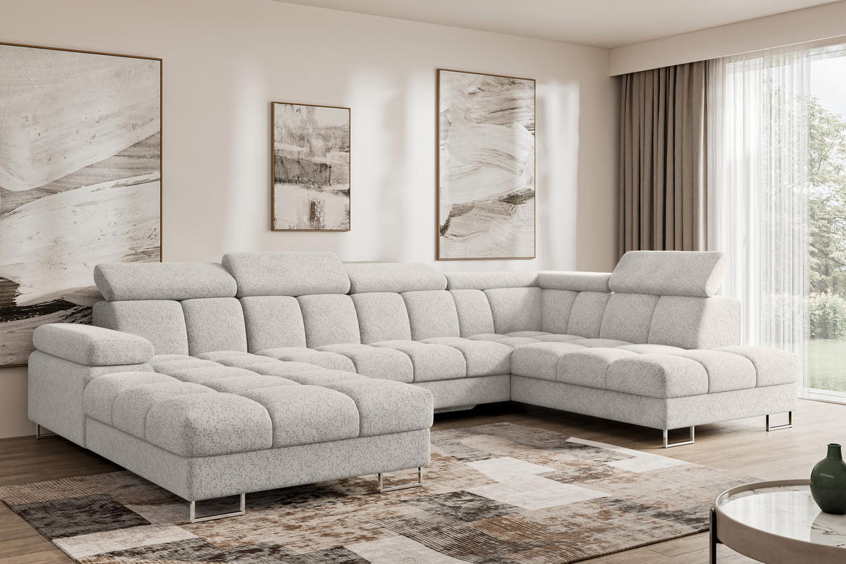 WOHNLANDSCHAFT mit Schlaffunktion und Bettkasten Ottomane RECHTS COMA U 345x203x79 Hellgrau Velours - Hellgrau, Holzwerkstoff/Textil (203/79/345cm) - ALTDECOR
