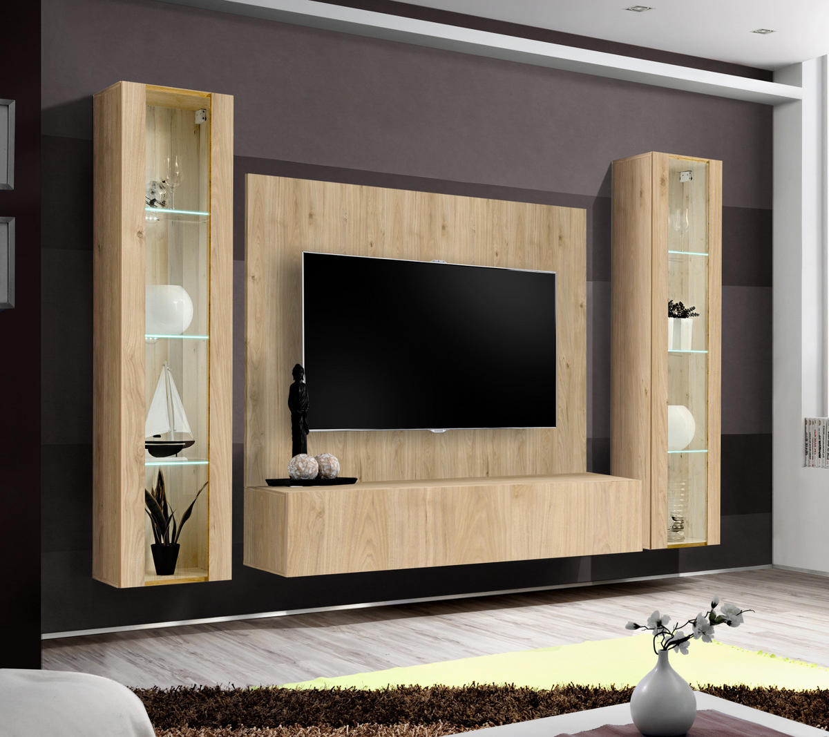 WOHNWAND Eiche Jackson 4-teilig 260 cm hängend, Schrankwand mit LED-Beleuchtung - Eichefarben, Glas/Holzwerkstoff (260/170/40cm) - Inn.Furn