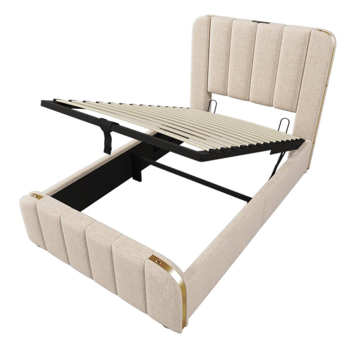 BETT mit Stauraum und USB/Typ-C 90x200 cm Leinen Beige - Beige, Metall (90/200cm) - Meubliv