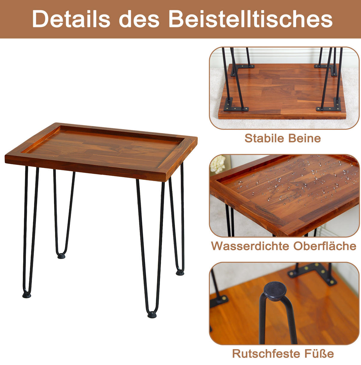 COUCHTISCH aus massivem Mahagoni mit lackierten Eisenfüßen in Naturfarbe - Naturfarben, Holz (55.5/45/53cm) - BEAOK
