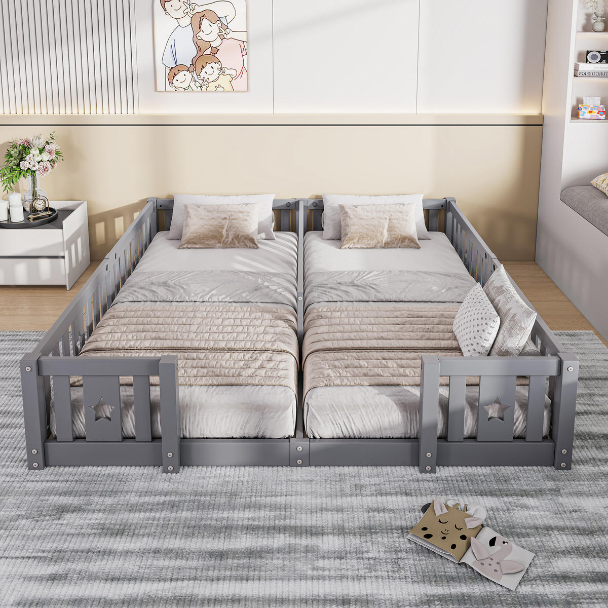 BODENBETT 90x200cm für 2 Kinder mit Rausfallschutz & Sternen-Design, Grau,Ohne Lattenrost - Grau, Holz (90/200cm) - BursDany