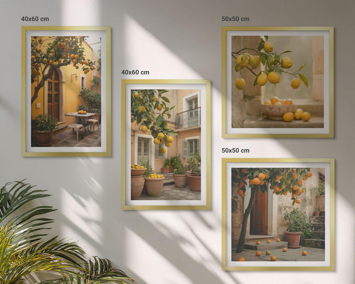 BILDER SET 4er Set - 50x50 cm & 40x60 cm Goldrahmen - Zitrusgarten in der Sonne - Goldfarben, Kunststoff (50/50cm) - TULUP