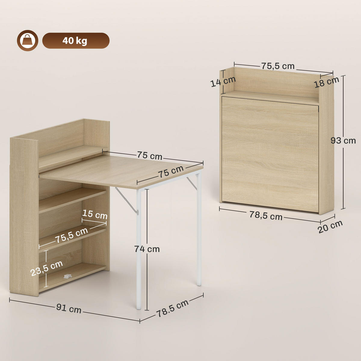 ESSTISCH Klappbar mit Regal, Platzsparend, 78,5 x 91 x 93 cm, Eiche - Eichefarben, Holzwerkstoff (91/78.5/93cm) - HOMCOM