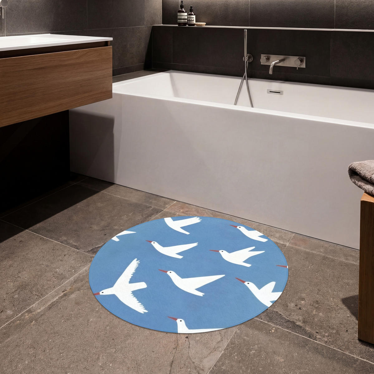 BADEMATTE Vögel - Weiß - Muster 70x70 cm - Blau, Kunststoff/Textil (70/70cm)