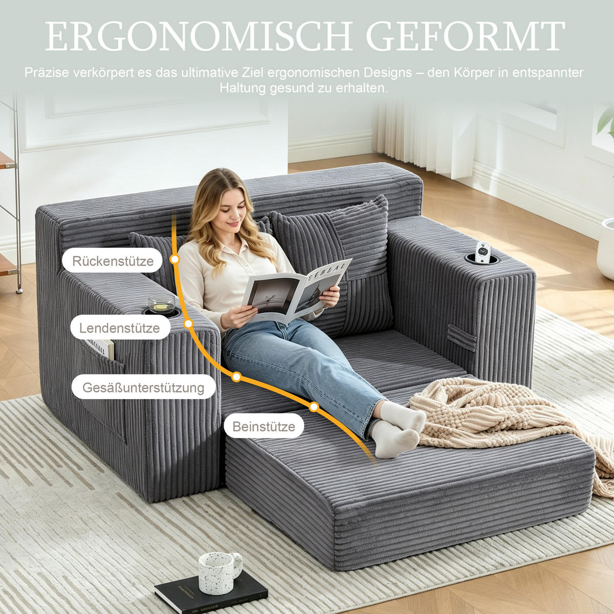1,5-SITZER ausklappbar, Getränkehalter/Seitentasche, Cord, Grau - Grau, Textil (133/64/87cm) - LVHOM