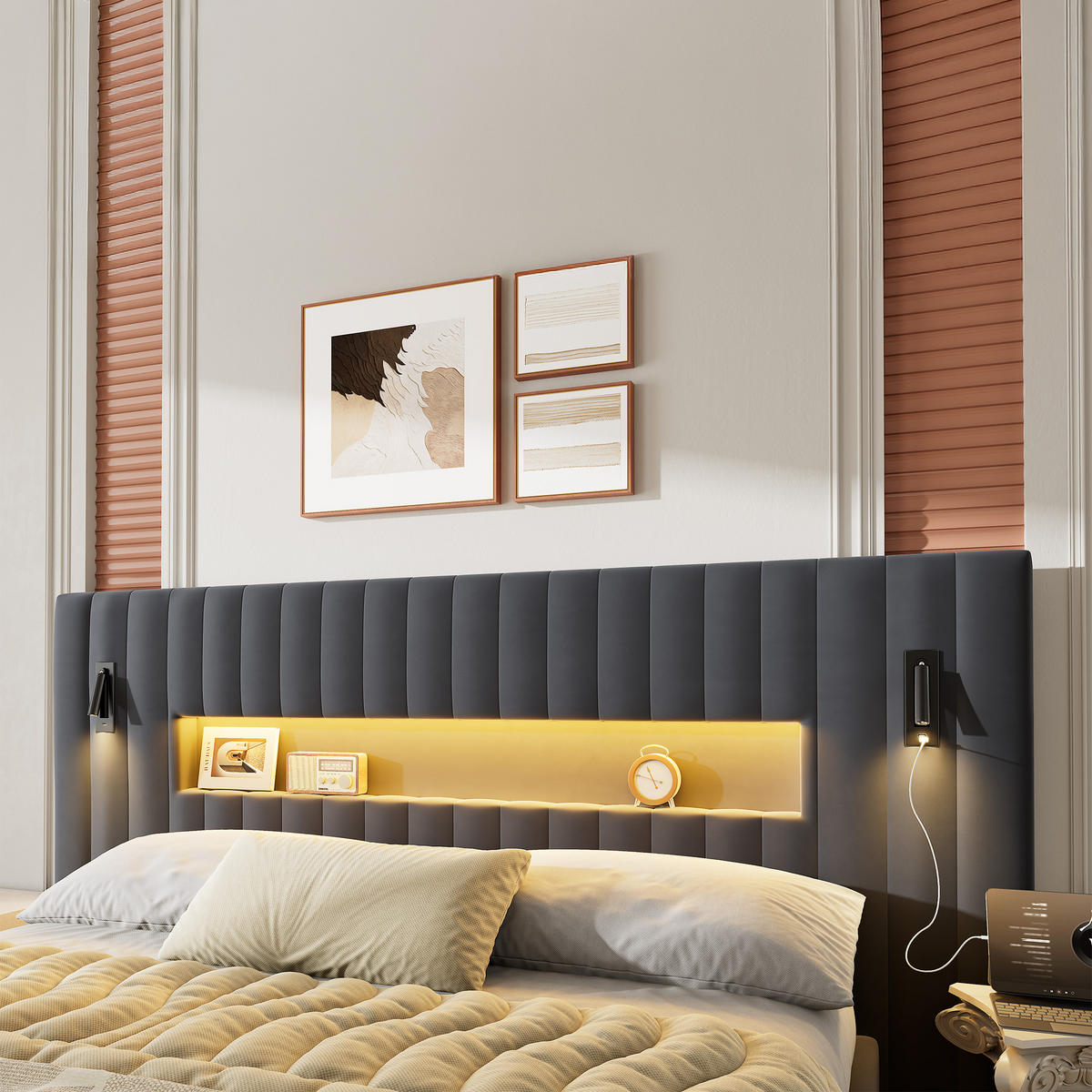POLSTERBETT 180/200 cm mit Bettkasten&Leselampe Stauraumbett ohne Matratze, Samtbezug - Grau, Holzwerkstoff/Textil (180/200cm) - WISHDOR