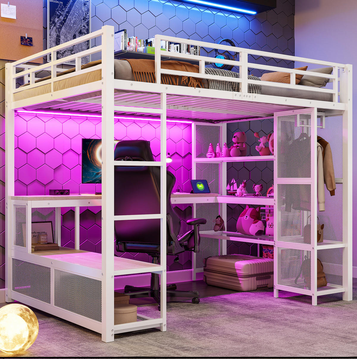 HOCHBETT 140/200 cm aus Metall und MDF mit Schreibtisch Kleiderschrank LED und USB-Anschluss Weiß - Weiß, Holzwerkstoff (140/200cm) - Modenvie