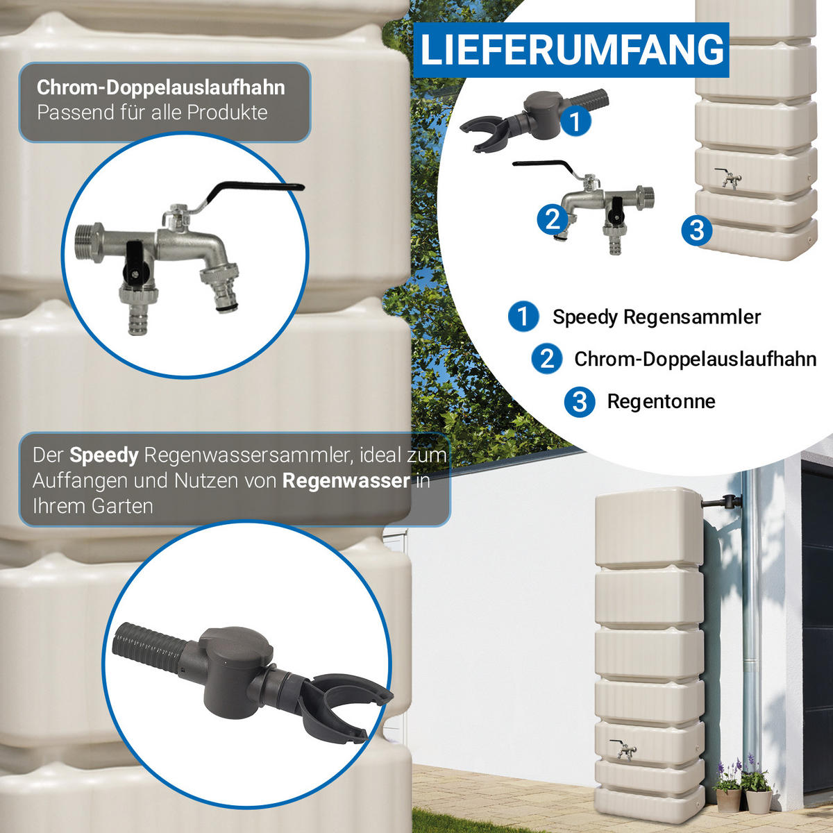 REGENTONNE Wandtank Komplett-Set 350 L, sandbeige inkl. Chrom-Doppelauslaufhahn und Fallrohranschluss - Beige, Kunststoff (39/184/60cm) - 4rain