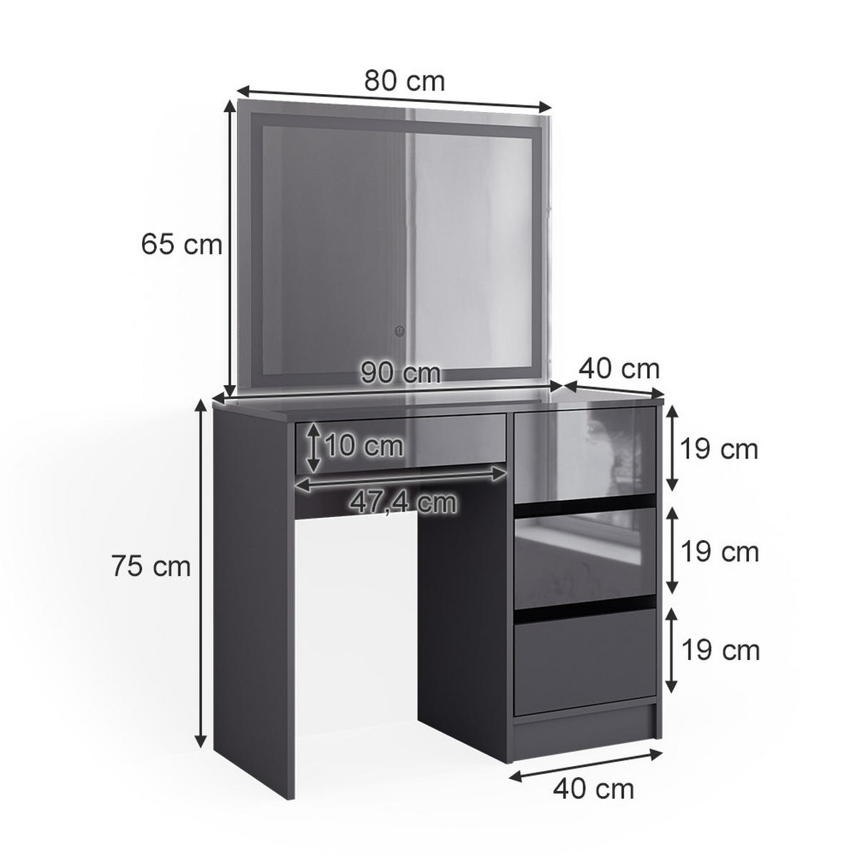 SCHMINKTISCH Sherry Anthrazit 90 cm mit LED- Spiegel - Anthrazit, Holzwerkstoff (90/75/40cm) - Vicco