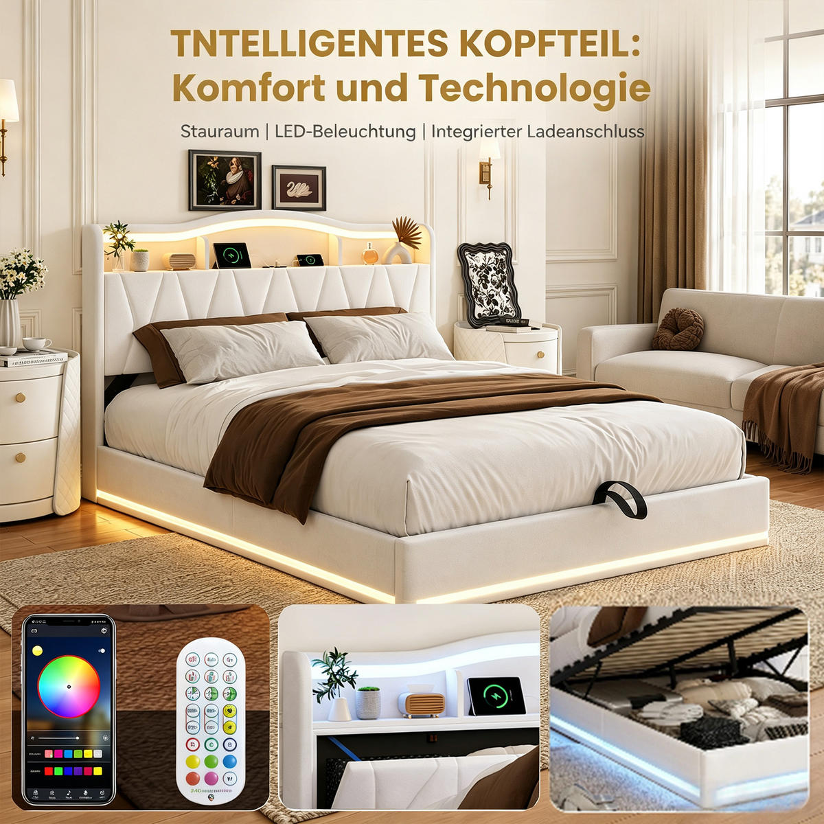 POLSTERBETT 140x200 mit stauraum, doppelbett mit LED, Bettkasten, Lattenrost, USB, Kopfteil, Samtstoff, Beige - Beige, Holz/Textil (140/200cm) - GENKI LIVING