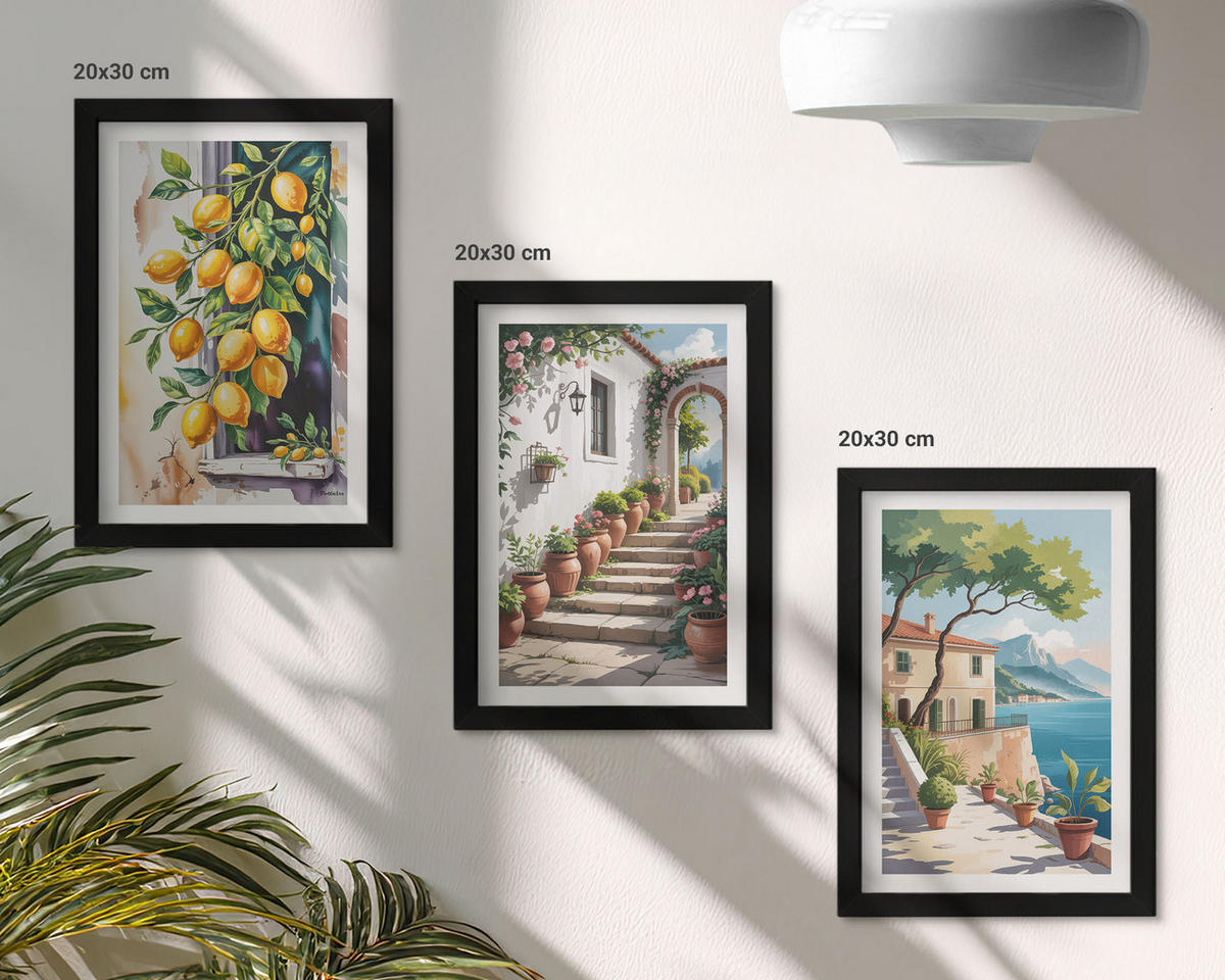 WANDBILDER 3er-Set - 20x30 cm Schwarzer Rahmen - Zitronen, Blumen, Meerblick - Schwarz, Kunststoff (20/30cm) - ArtPrintCave