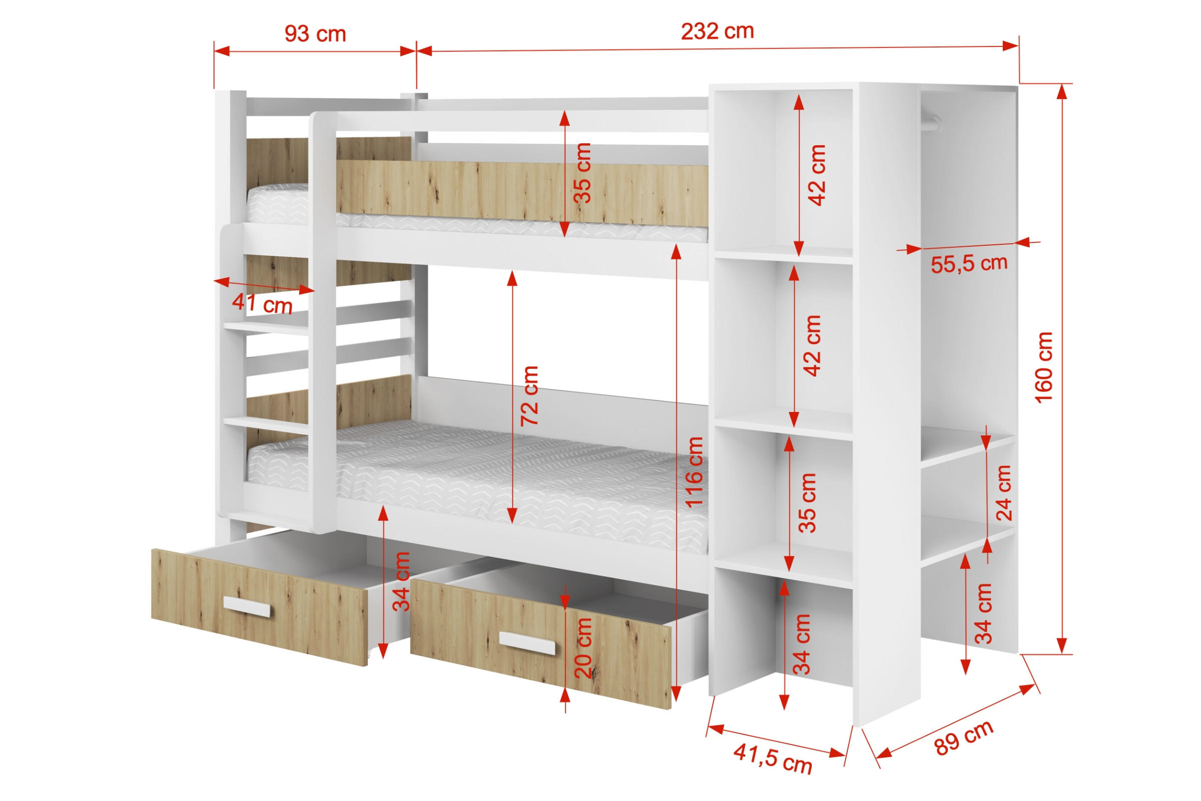 Thumbnail - Deine Möbel 24 Etagenbett, Weiß, Eiche, Holzwerkstoff, Textil, 90x200 cm, Kinder- & Jugendzimmer, Kindermöbel, Kinderbet...