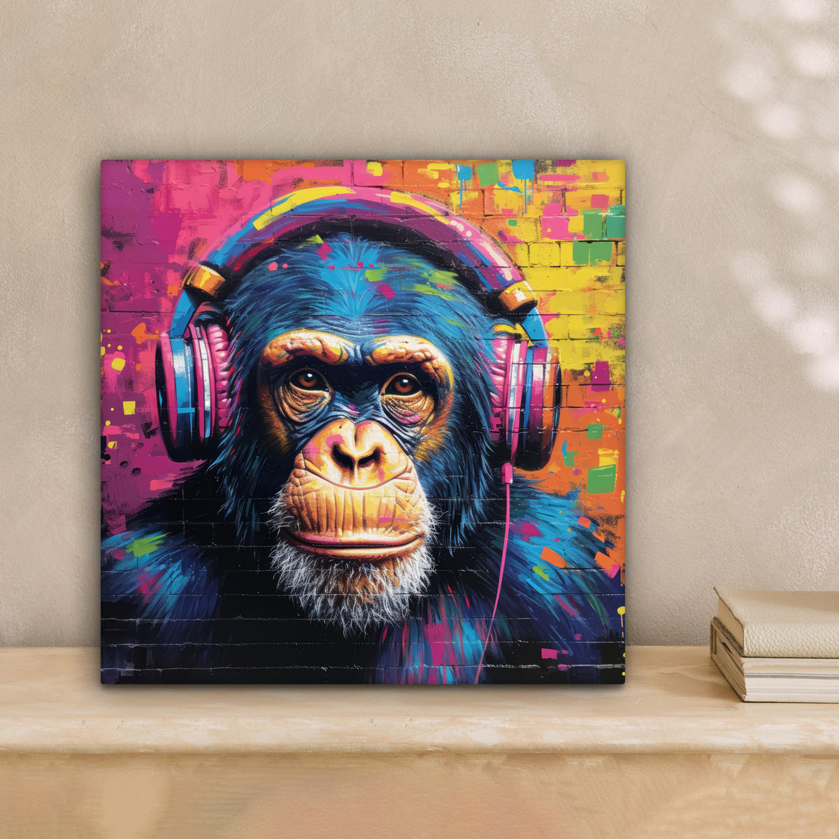 LEINWANDBILD Graffiti - Schimpanse - Straßenkunst - Kopfhörer - Affe Deko Wohnzimmer 20x20 cm - Blau, Textil (20/20cm) - MuchoWow