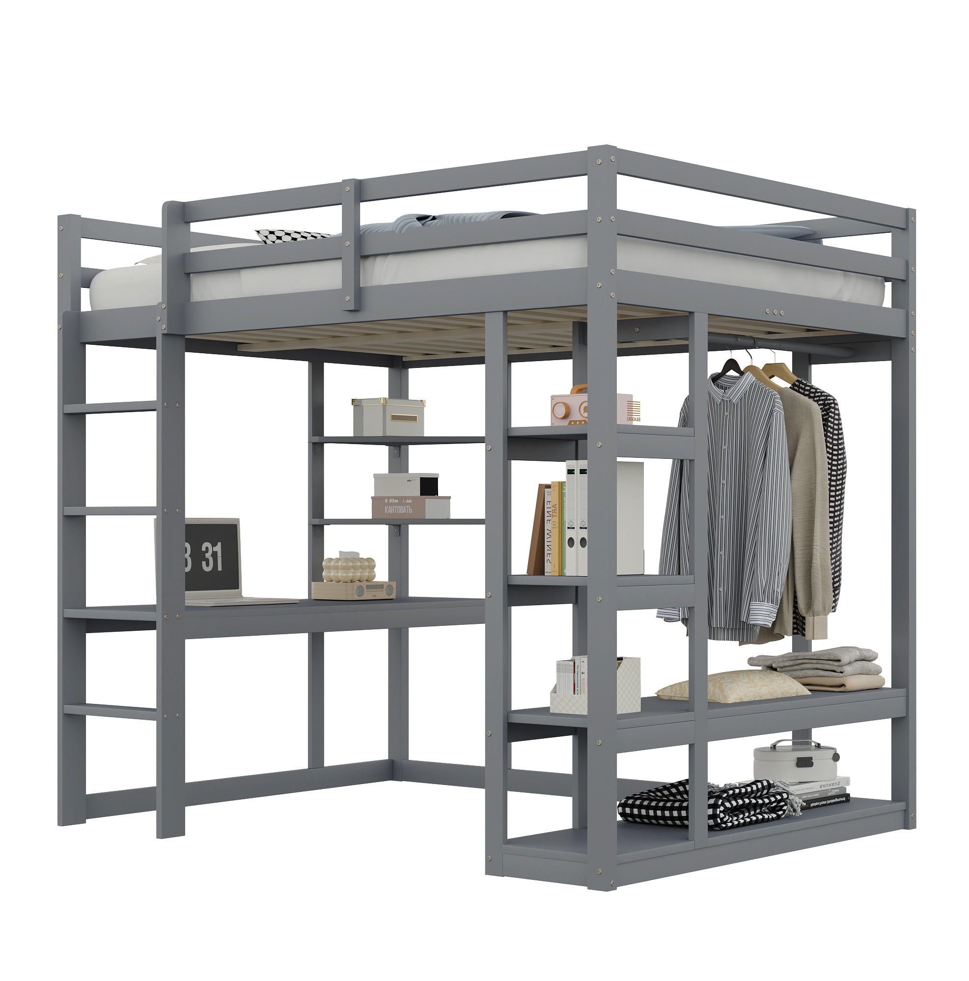 HOCHBETT 140/200 cm Grau aus Massivholz mit Schreibtisch und Regal - Grau, Holz (140/200cm) - OKMYHOME