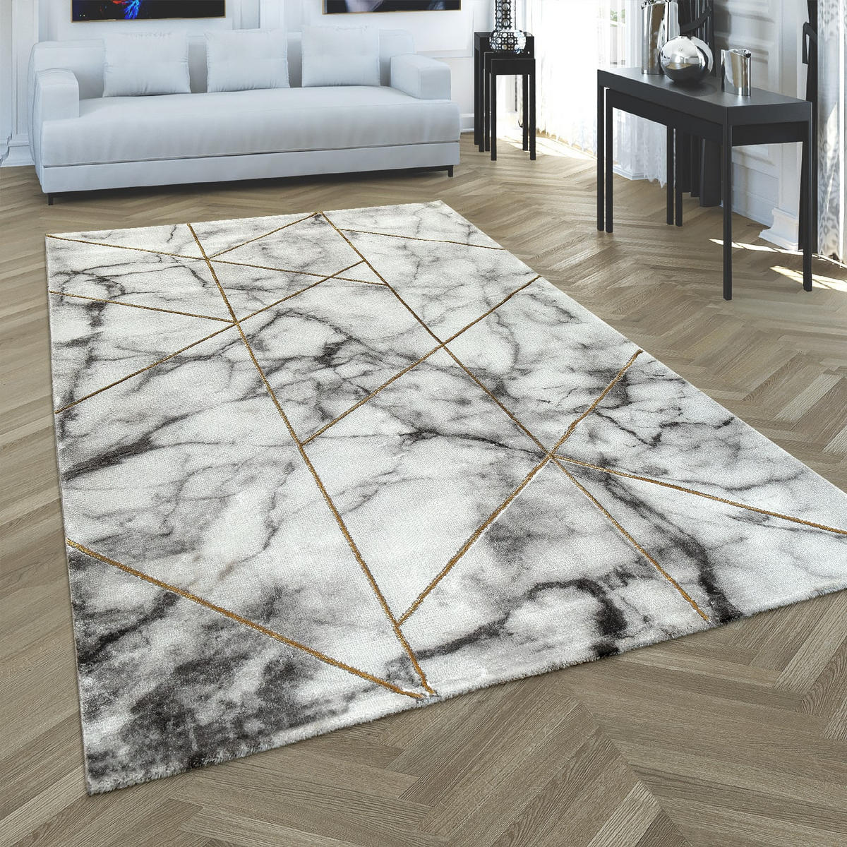 TEPPICH Kurzflor Marmoroptik Wohnzimmer schmutzabweisend Gold Rechteckig 160x230 - Goldfarben, Textil (230/160cm) - KADIMA DESIGN