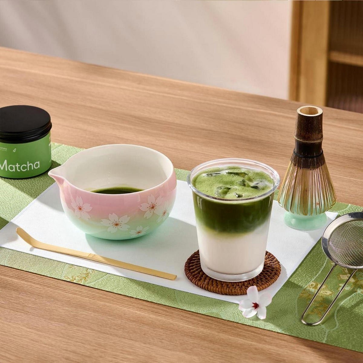MATCHA Set 6-teiliges Set Keramikschale Bambusbesen Sieb Löffel Geschenk Sakura - Multicolor, Keramik (15/10/15cm)