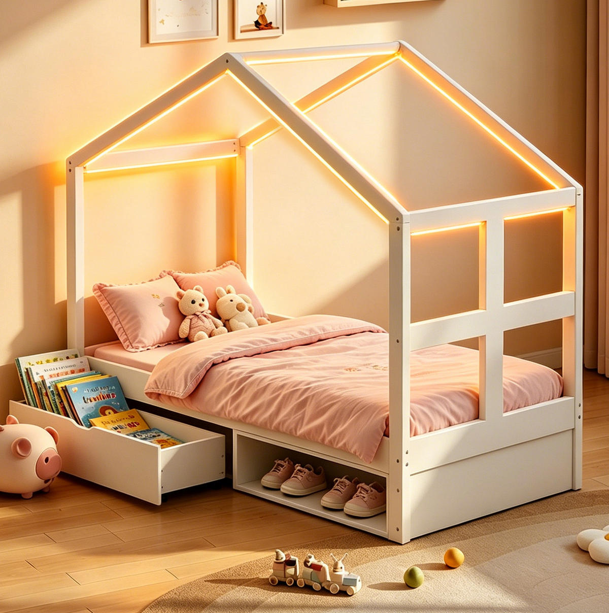JUGENDBETT 90/180 cm weiß aus Holz mit LED, Schublade und Schuhschrank - Weiß, Holzwerkstoff (90/190cm) - OKWISH