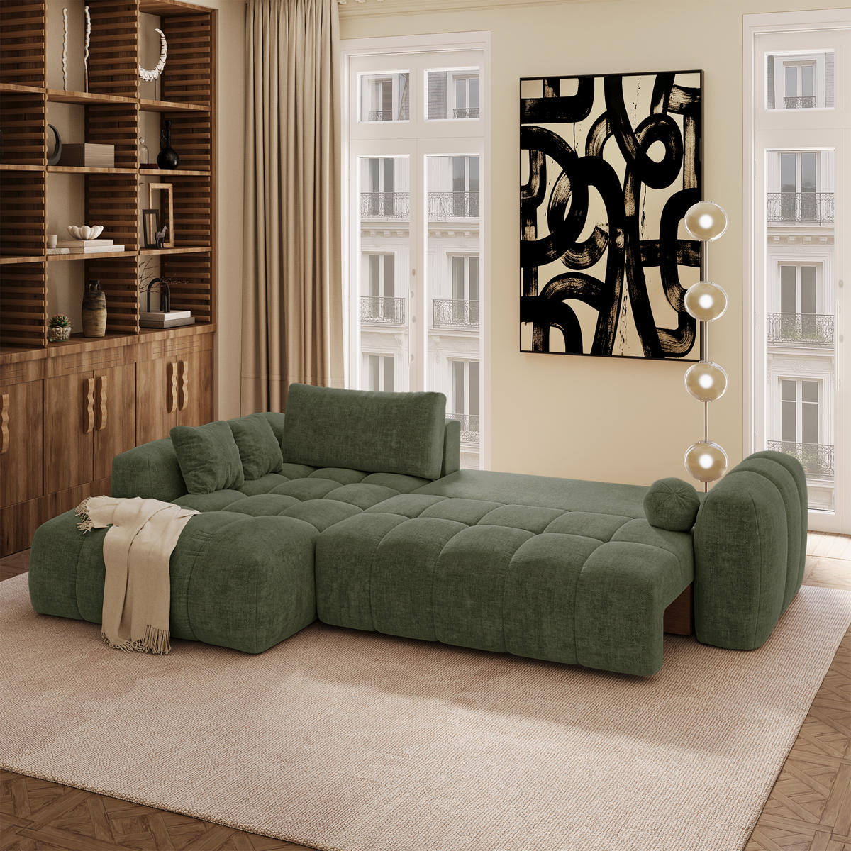 LINKSECK-SCHLAFSOFA mit Stauraum SKY Köpergewebe Vintage-Grün 310cm - Dunkelgrün/Grün, Textil (310/180cm) - Premium Interiors