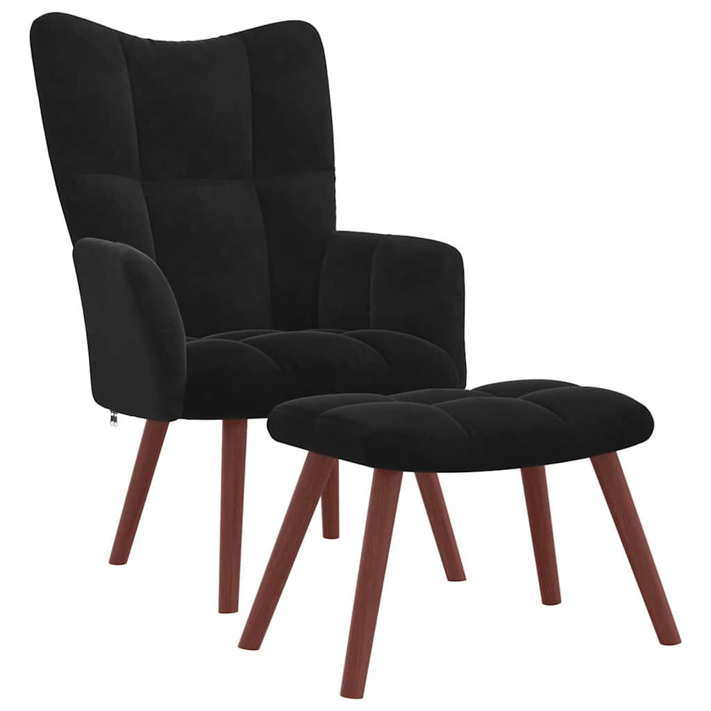 SESSEL mit Hocker, Holzbeine 61,5/69/95,5 cm aus Samt Schwarz - Schwarz/Braun, Holz/Textil (61.5/95.5/69cm) - vidaXL