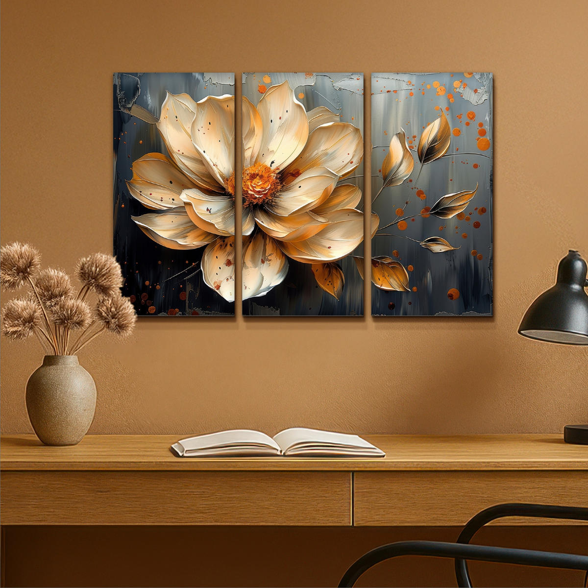 LEINWANDBILD 3er Set Blume - Gold - Abstrakt - Farbe 90x60 cm - Creme, Textil (90/60cm) - MuchoWow