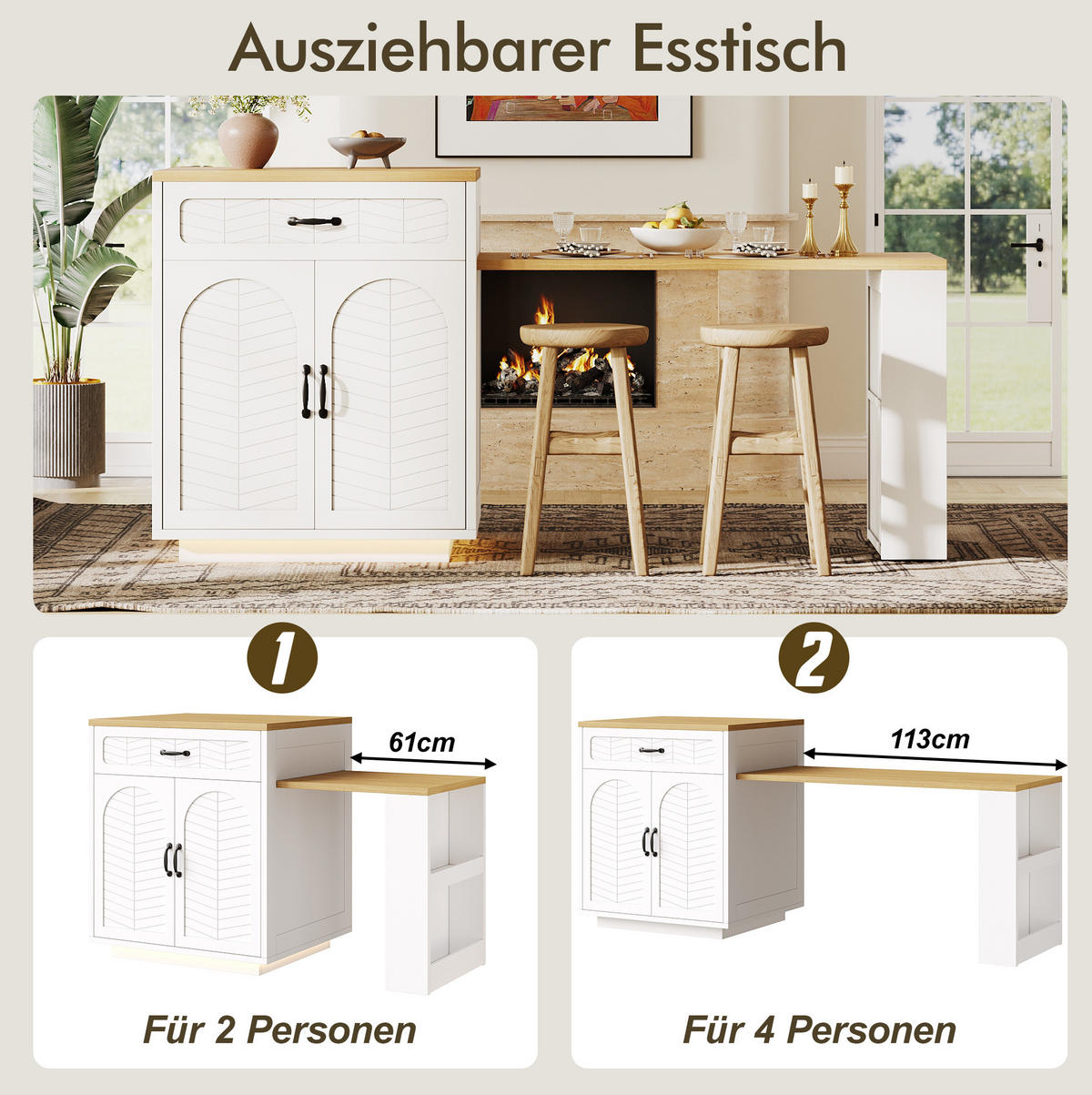KÜCHENINSEL 80/70/95,5 cm aus MDF/Metall mit ausziehbarem Tisch Weiß - Weiß, Holzwerkstoff (80/95.5/70cm) - Modenvie