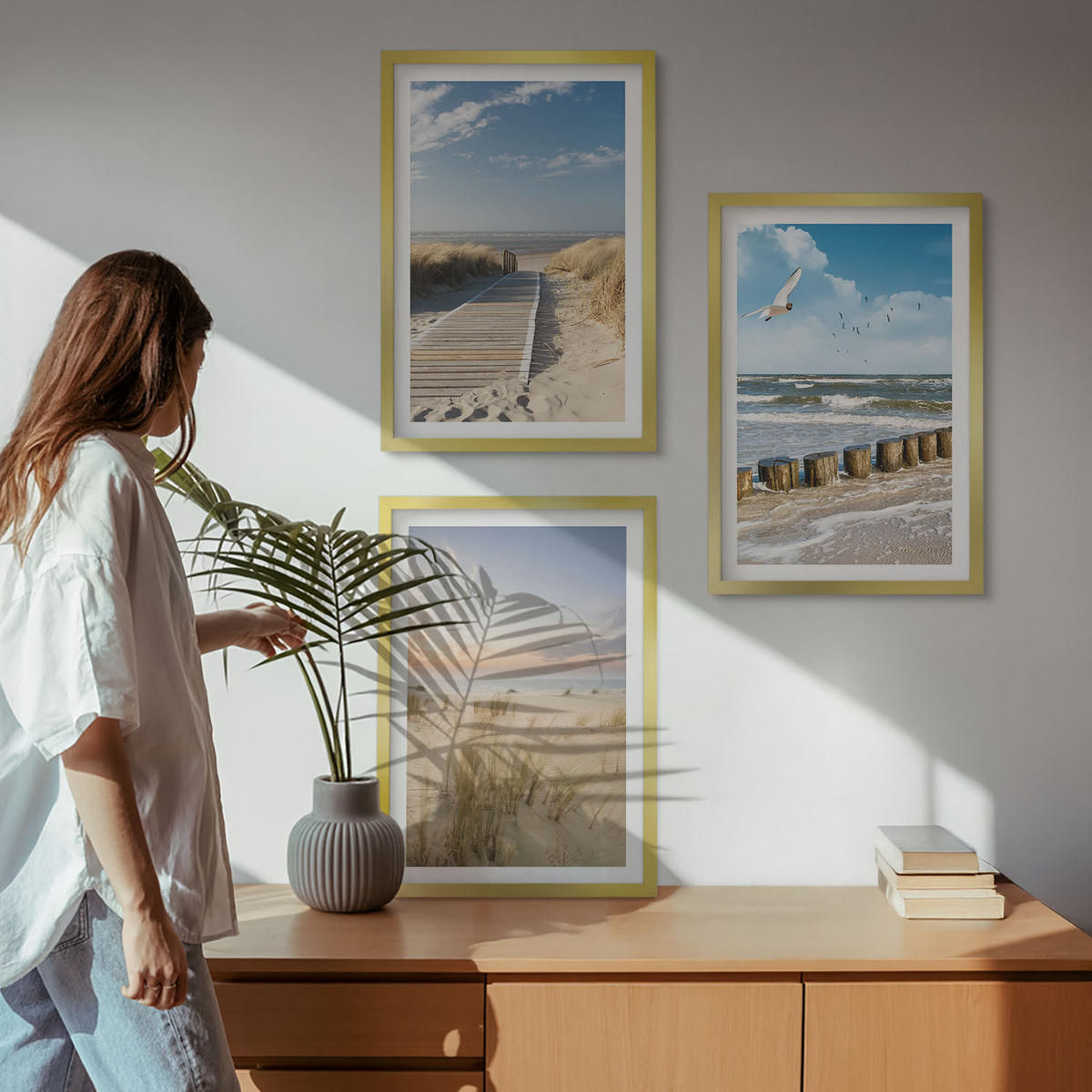 BILDER SET 3er Set - 40x60 cm Goldrahmen - Strand, Sand, Wellen, Himmel, Vögel - Goldfarben, Kunststoff (40/60cm) - TULUP