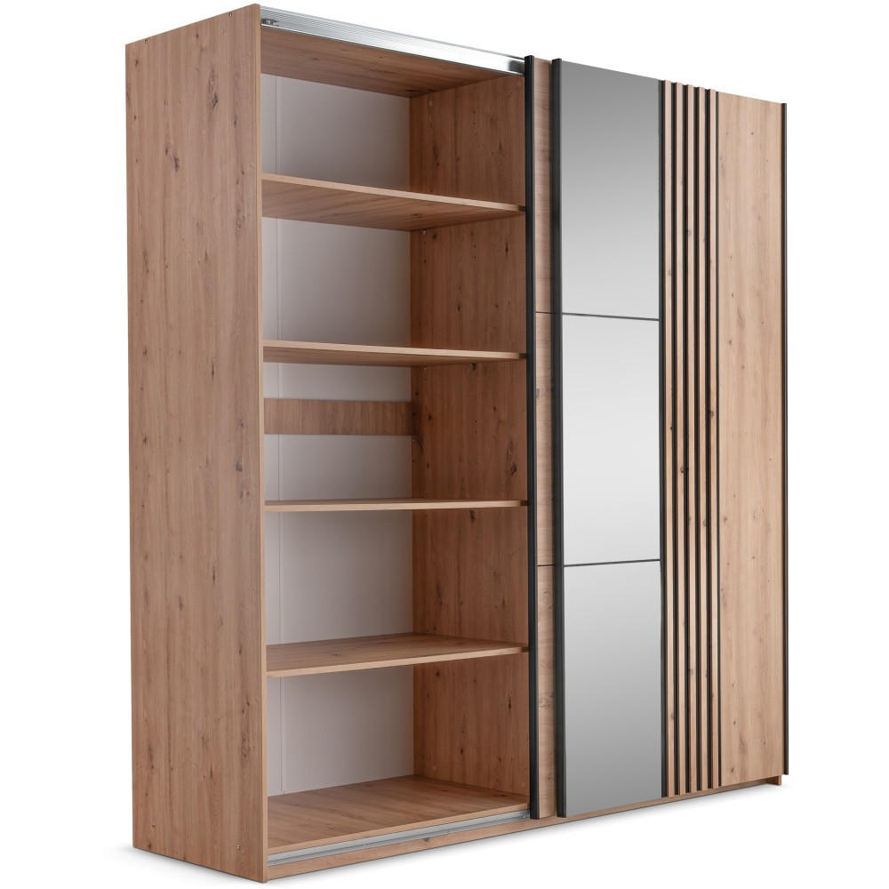 Thumbnail - Beautysofa Schwebetürenschrank, Weiß, Eiche Wotan, Holzwerkstoff, 203x215x65 cm, Schlafzimmer, Kleiderschränke, Schwebet...