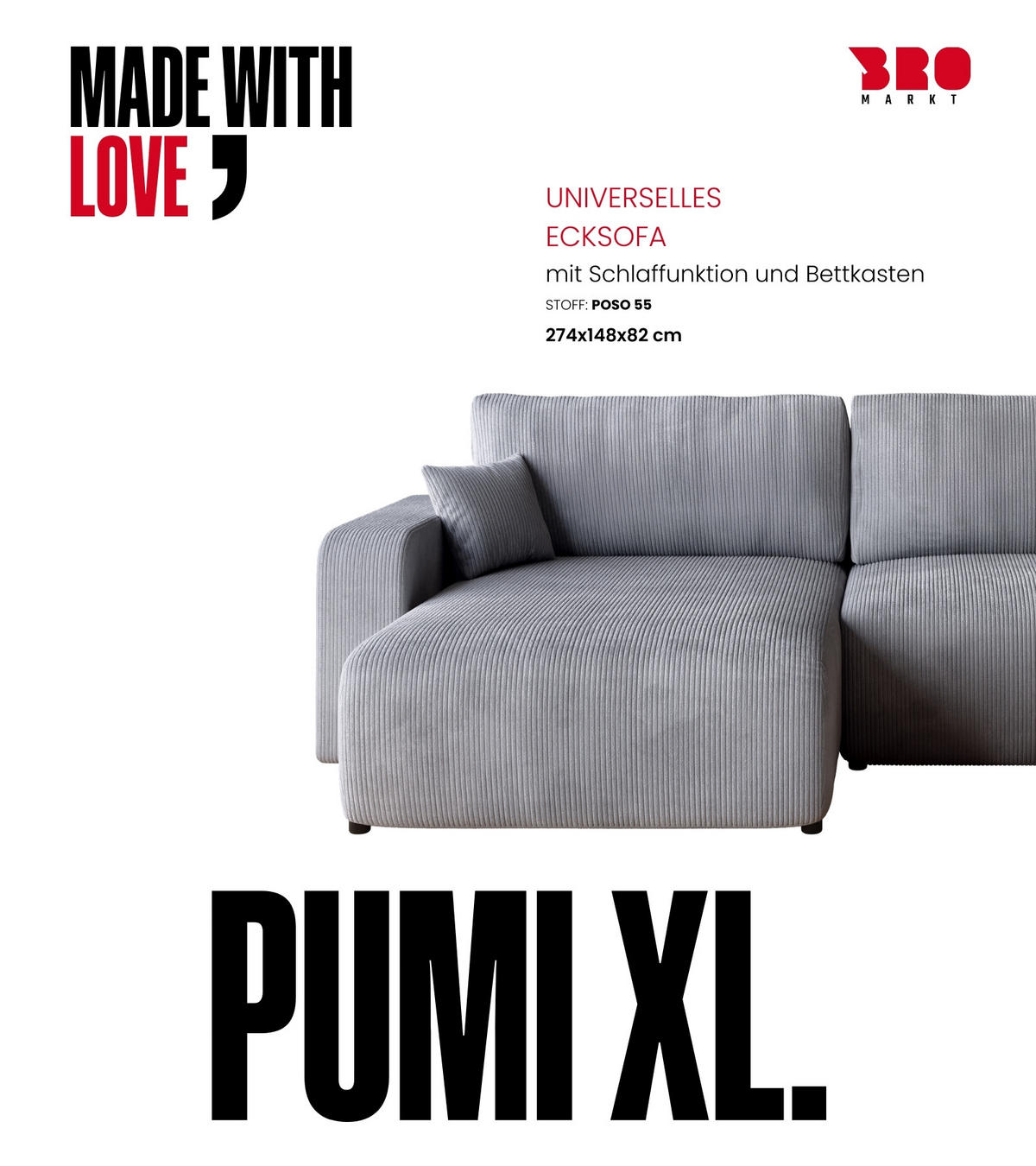 ECKSOFA PUMI XL mit Schlaffunktion Hellgrau Cord - Hellgrau, Textil (274/148cm) - Bromarkt