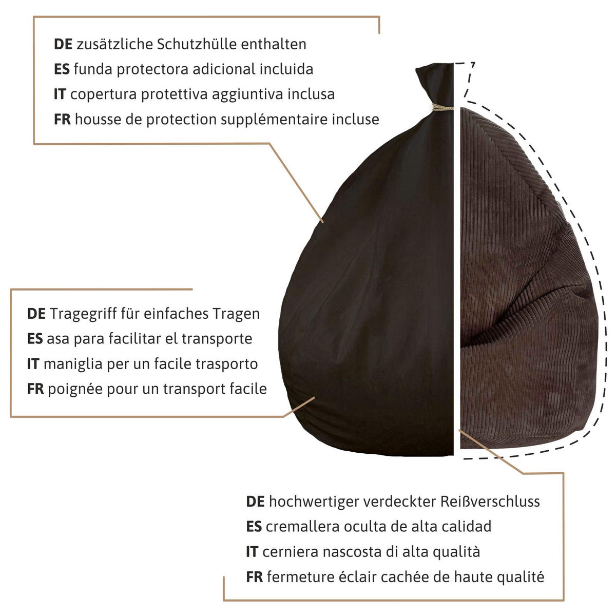 SITZSACK MIT FUßSTÜTZE Kordsamt 2-tlg Dark Chocolate S - Dunkelbraun, Textil (70/105/70cm) - Dreamroots