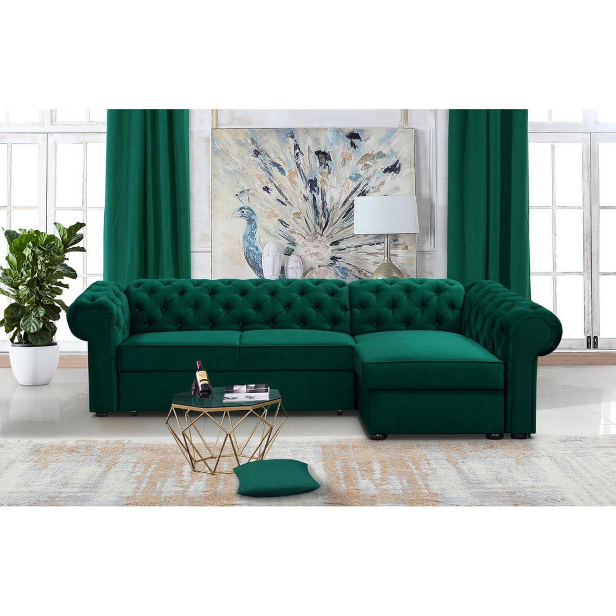 ECKSCHLAFSOFA Chester im Chesterfield-Stil, Dunkelgrün, rechts - Dunkelgrün/Schwarz, Textil (278/173cm) - Beautysofa