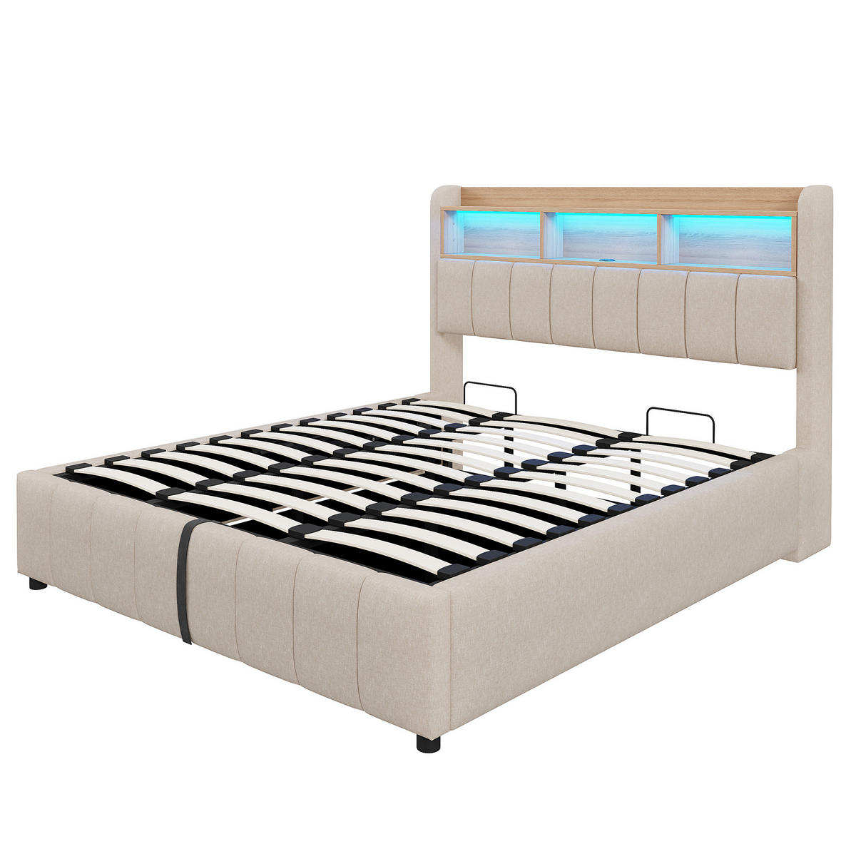POLSTERBETT 180/200 cm Beige mit Stauraum, LED-Beleuchtung und USB - Beige, Textil (180/200cm) - Flora Grace